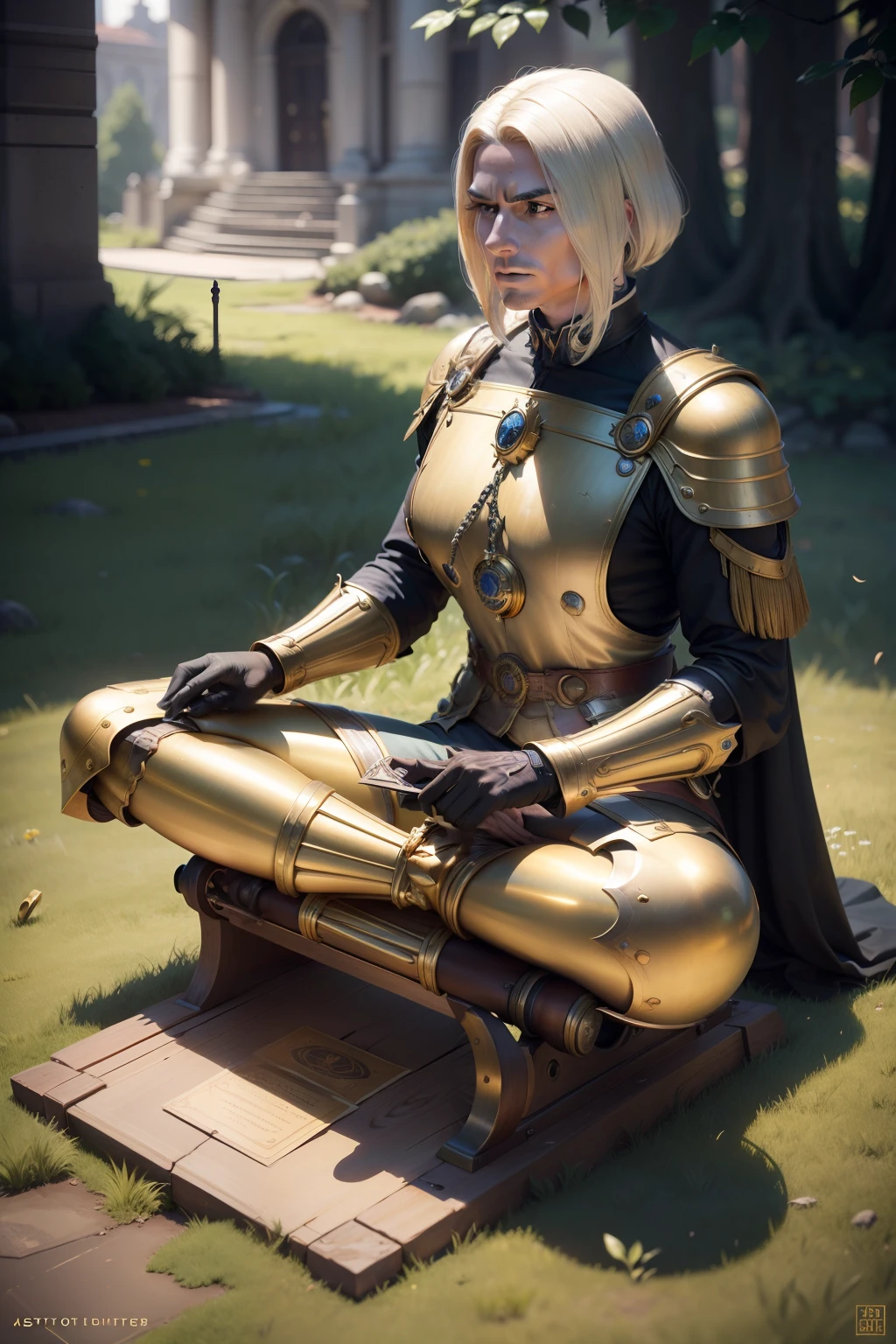 An antique, mechanical, not human brass scale of justice in perfect balance, sitting in grass, digital art, hyper realistic, 8k, unreal engine, art by Scott Gustafson, Dean Morrissey.
