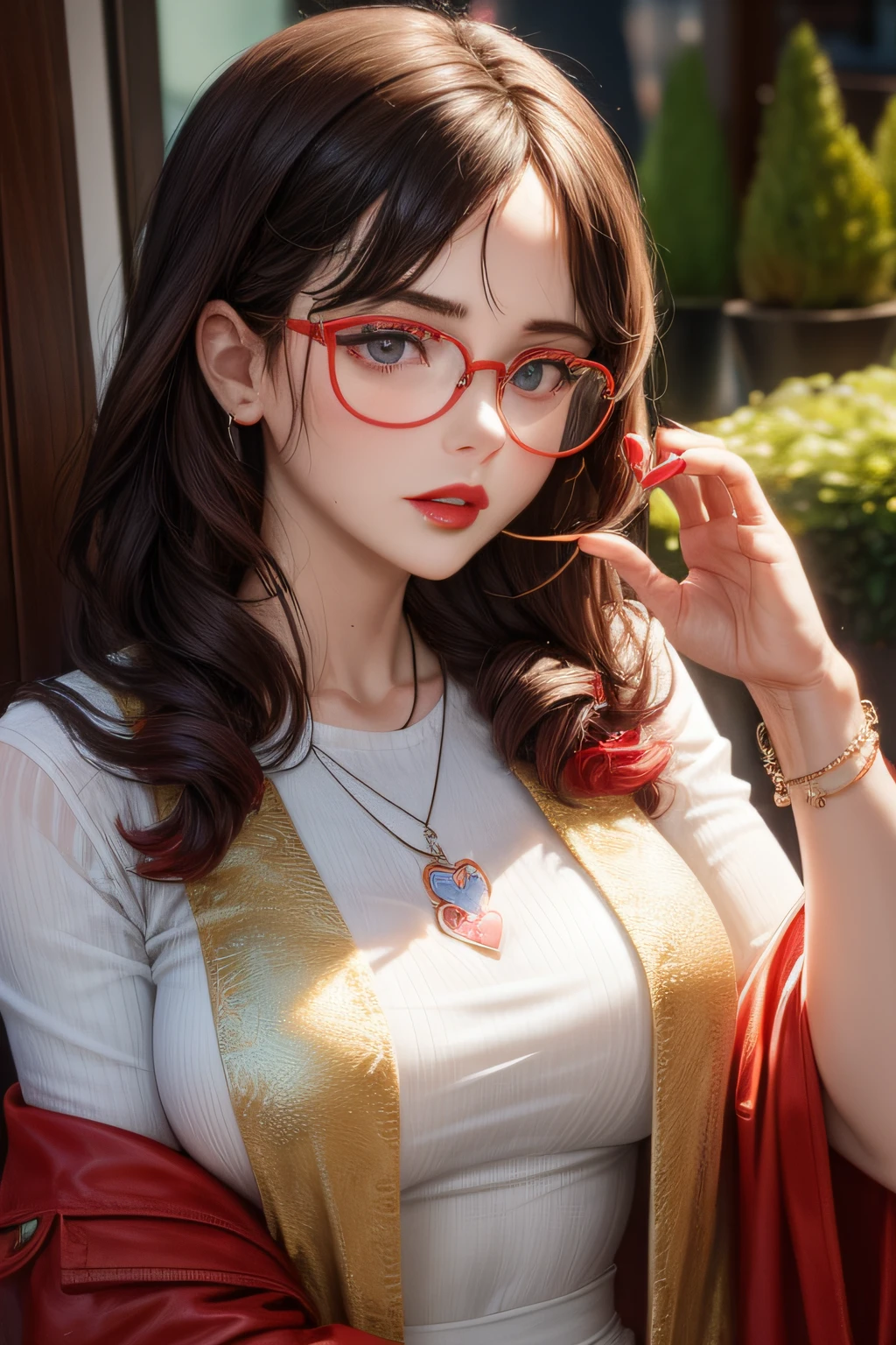 There is a woman with glasses and a necklace with a heart, Inspired by Ion Andreescu, inspired by Elsa Bleda, No Estillo Petra Collins, Simsborg, Wear prescription glasses, thick glasses, Long wet hair dripping, with square glasses, thick and red lips,