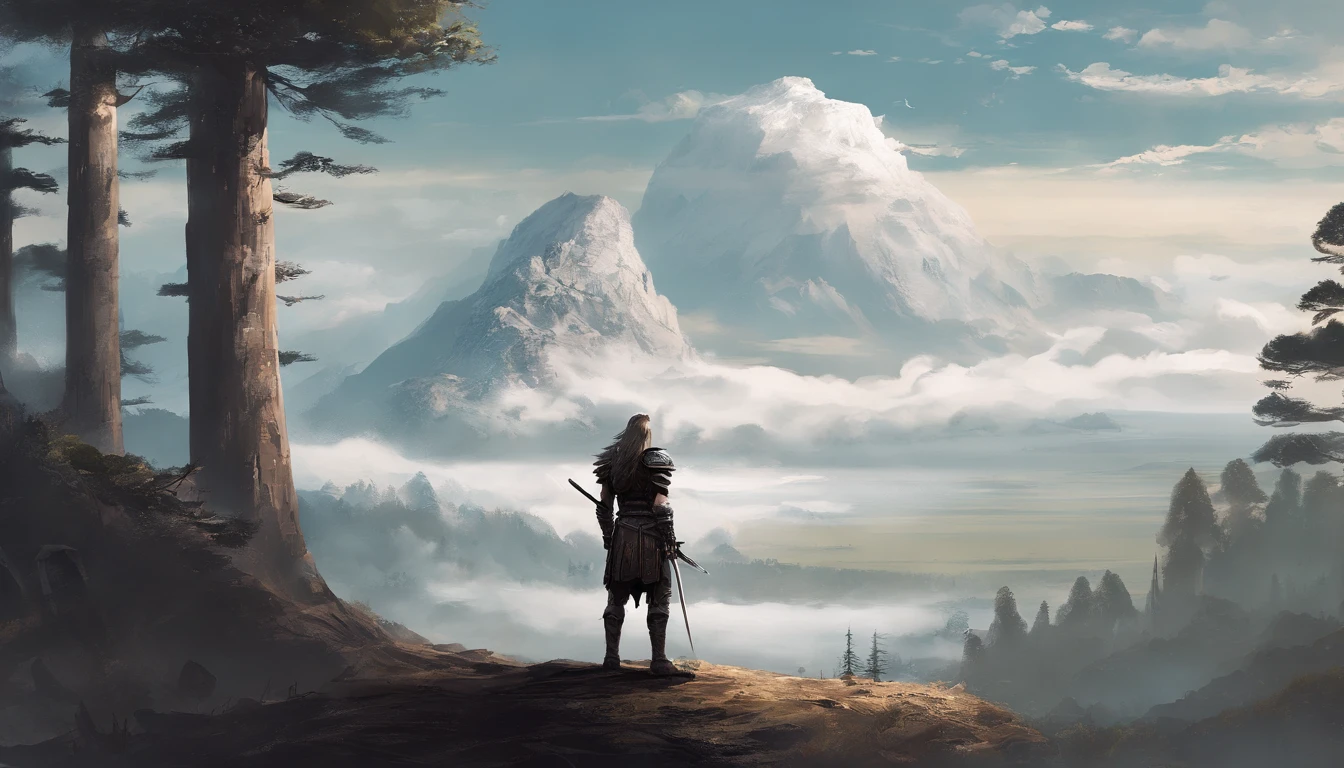 A warrior, full body, back view, fantasy landscape, white clouds sky, some pine trees, detailed 4k concept art, 8k