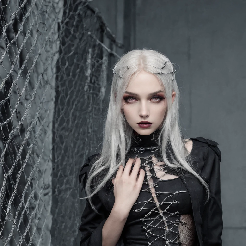 Girl with gothic net symbolic clothes, 。.com (Barbed wire of the body) blonde color hair,Gray hair ends