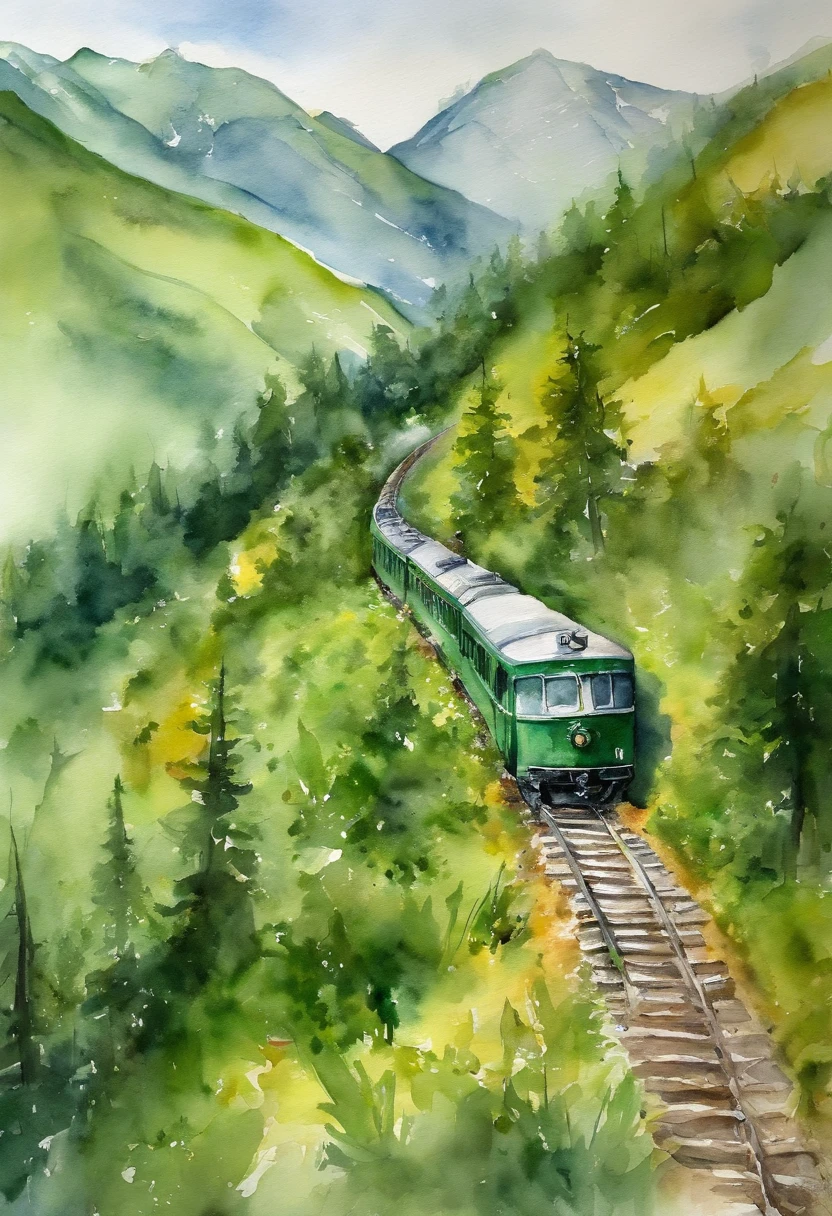 green train in mountains
