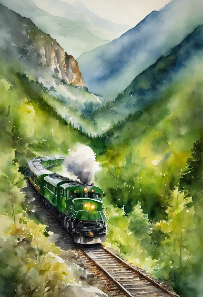 green train in mountains