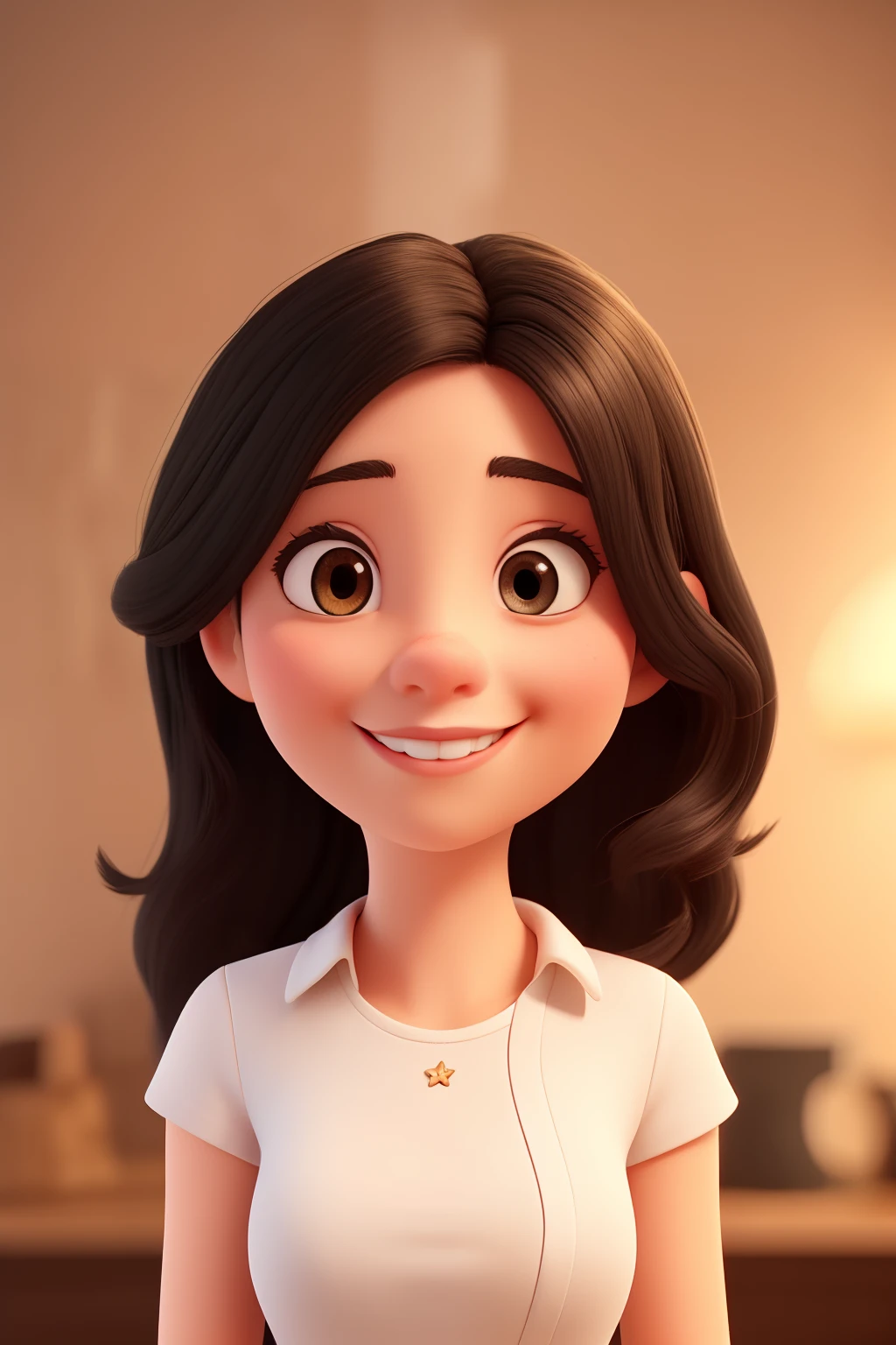 A 28-year-old woman with black hair, a round face with a charming smile, and brown eyes