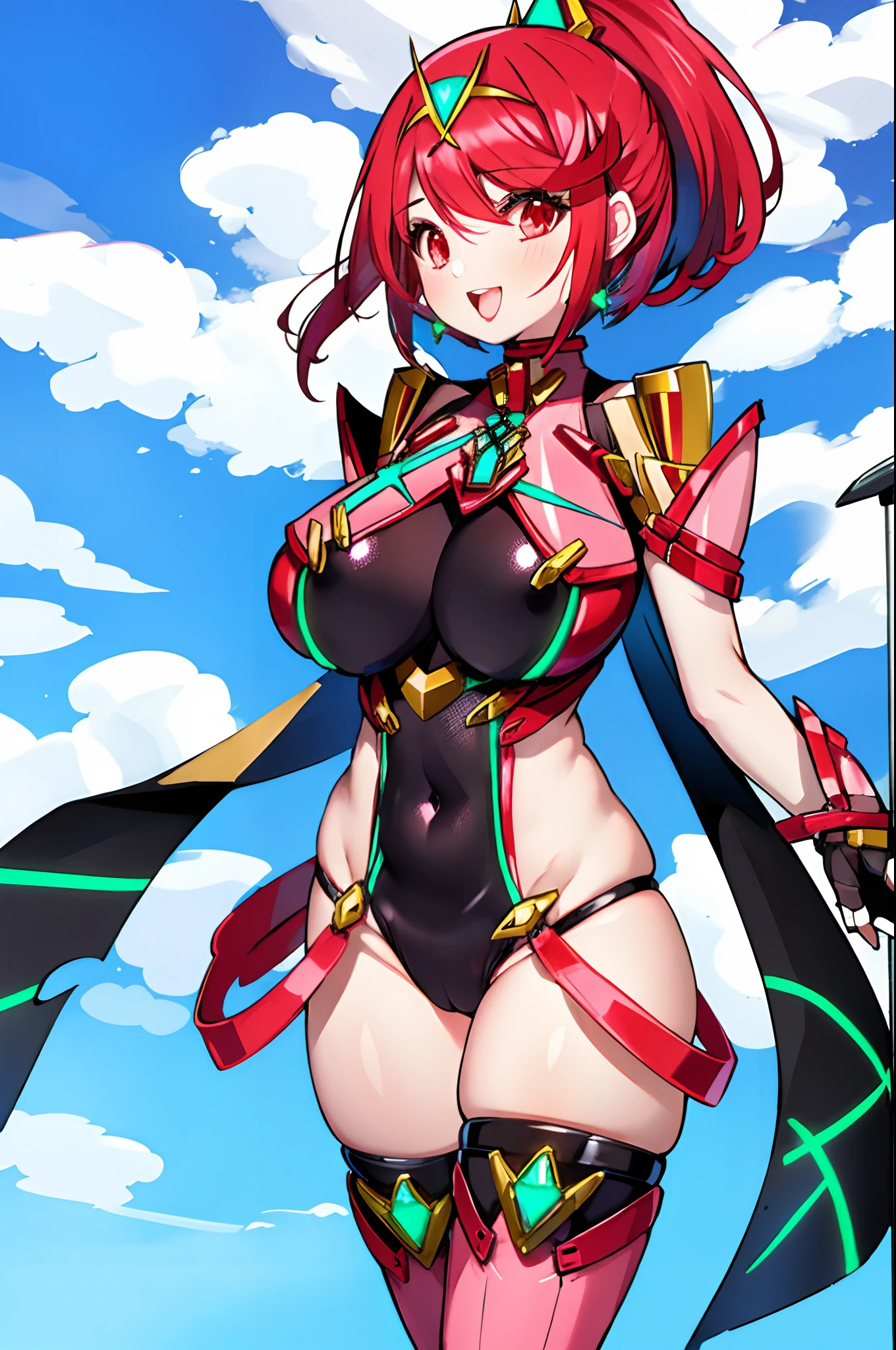 pyra \(xenoblade\), _1girl, lolings, black gloves, breasts, red eyes, light_open_mouth, earrings, eyelashes, fingerless gloves, floating hair, , gem, gloves, hair ornament, headpiece, jewelry, big_breasts, leaning back, swimsuit, neon trim, official art, pose, red hair, saitou masatsugu, short hair, sidelocks, skin tight, solo, swept bangs, thighhighs, tiara, fantasy_town_background, underbust, xenoblade chronicles \(series\), (xenoblade chronicles 2), (spread_legs:1.1), fire_effect,dynamic_pose,fighting,light_smile, (plump:1.1), big_ass,huge_sword, hold_large_sword_hilt, covered_nipples, covered_pussy,back_view, fists,ponytail,plump,beautiful_fingers,(solo:1.1), bare_shoulder,