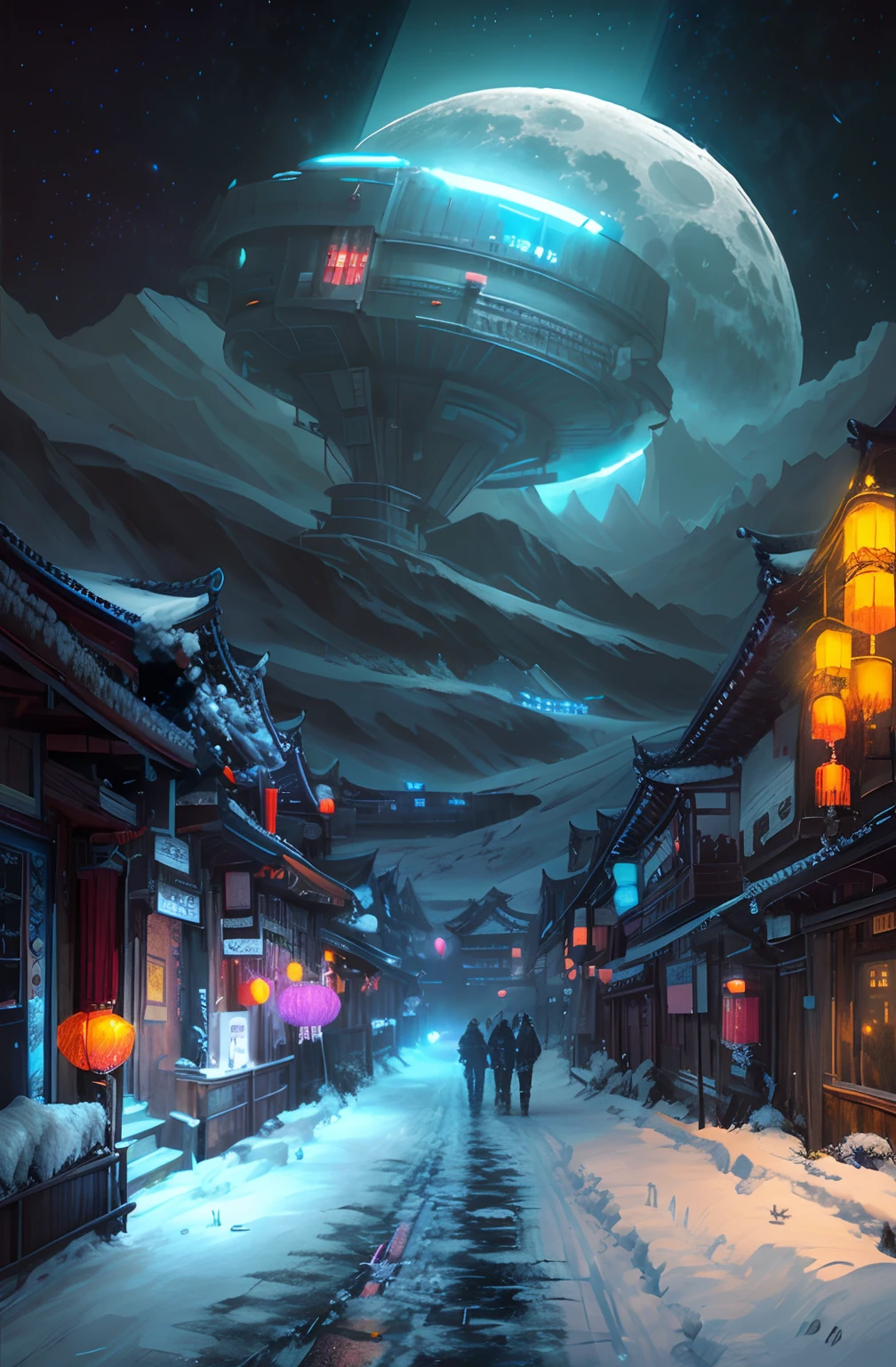 sci-fy,Moon,starrysky,snow mountains,sense of science and technology,makina,conceptual drawing, cyber punk style,Concept art for the game, Lanterns,The sky is snowing,stray,The astronaut,pandas,Original Drawing,lamplight,Back shadow,snow mountains,Chinese architecture,High-precision illustration,SENSE OF CINEMA,the detail,Window of the city in the distance