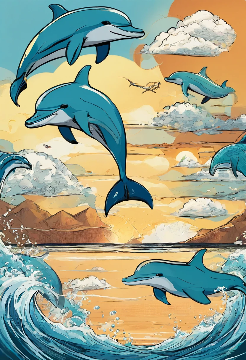 American comics, 3 dolphins swimming and jumping at sea level. The style is exaggerated and meticulous，afternoon sunshine，Have by the sea，
