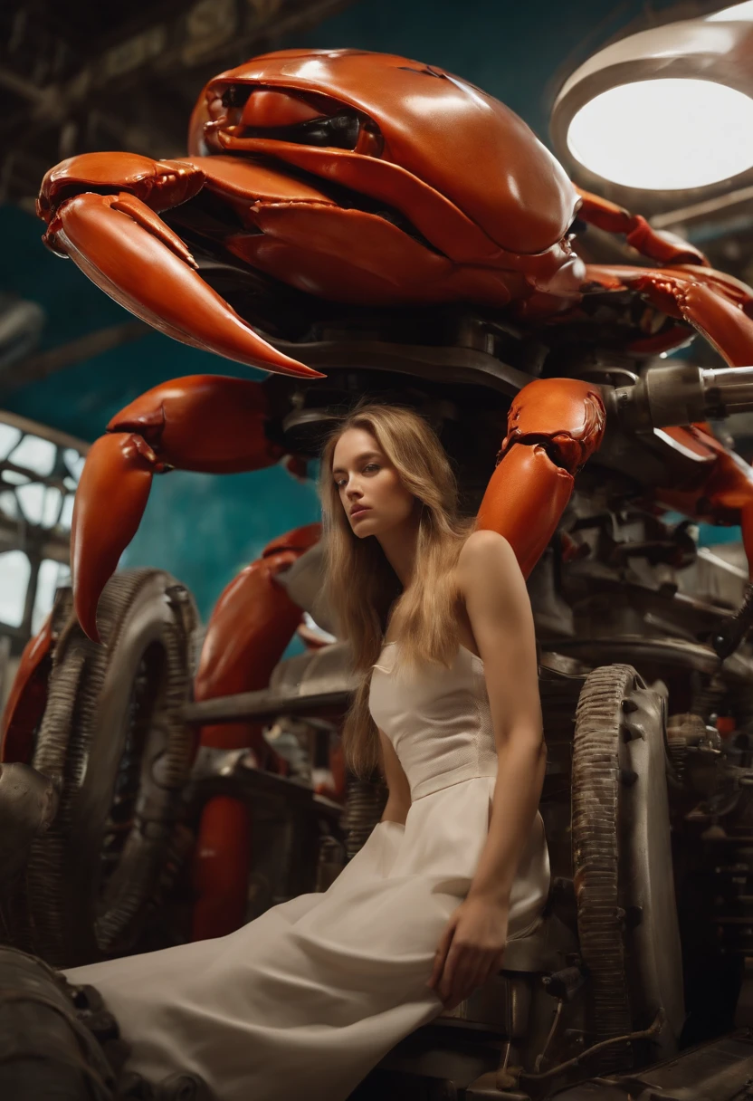 Giant Crab Machine. A girl is riding the machine and operating it. The crab machine looks like a vehicle. moving quickly.