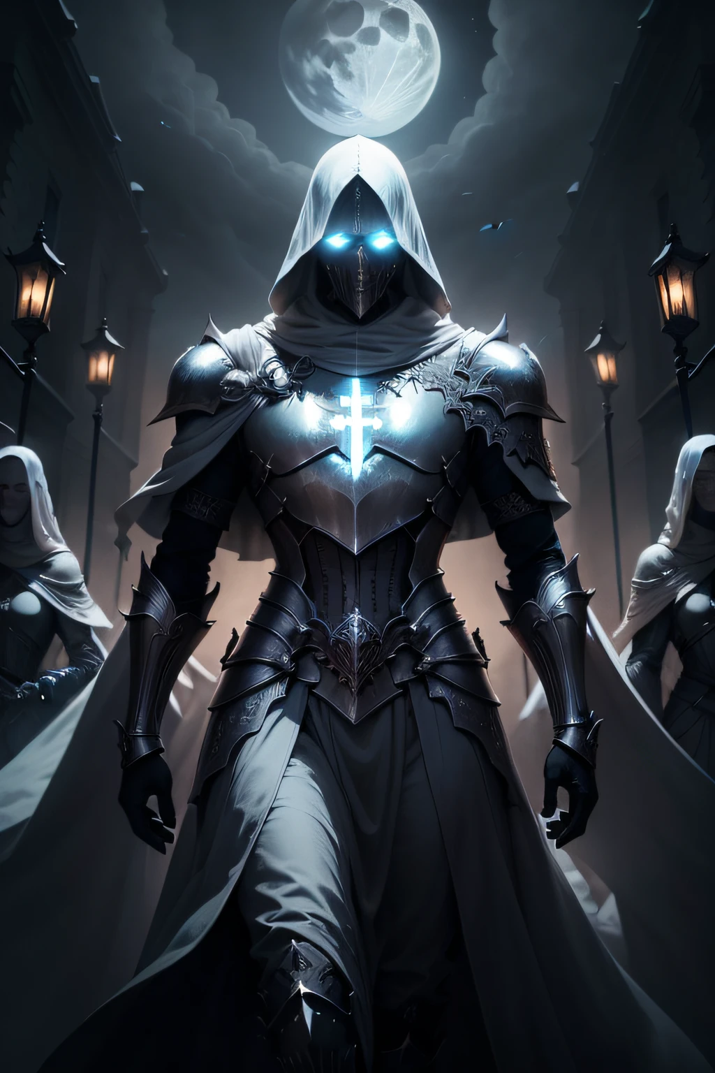 Create a captivating illustration of the Knights of the Silver Cross, clad in their ethereal, ghostly armor. Depict them as formidable and otherworldly figures, surrounded by an aura of mysticism and power. The knights should appear as guardians of an ancient and dark legacy, ready to confront the forces of darkness. Use shadowy, moonlit tones to evoke the eerie and supernatural nature of these spectral warriors.