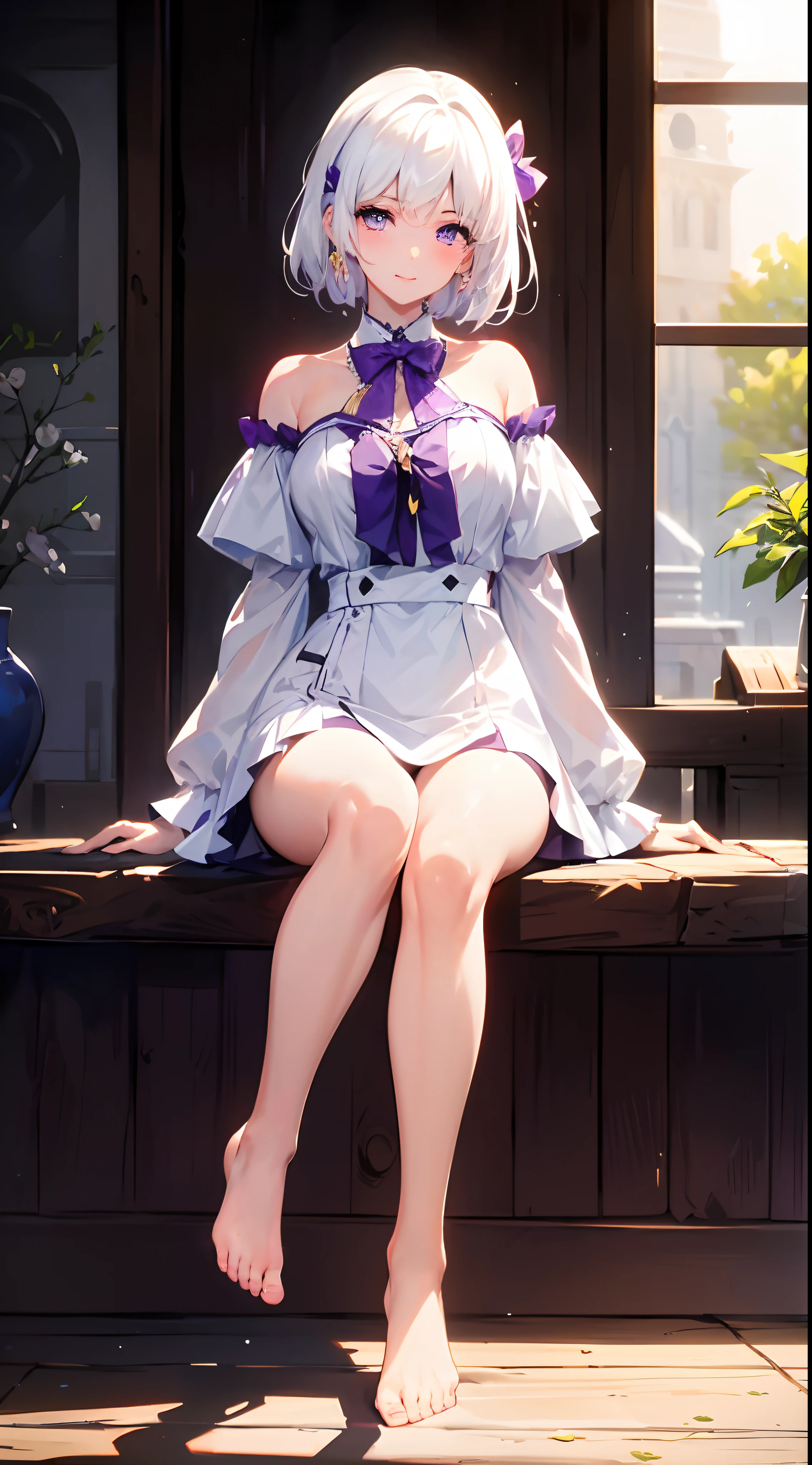 (Warm Light: 1.2),arms behind back,Volumetric Lighting,(Dynamic Composition: 1.4), Rich in Detail and Color,(Glow, Atmospheric Lighting),(Solo: 1.2),(Best quality),(4k), [highly grand details CG painting]!!,(((the Greatest masterpiece,))) (ultra detailed),(intricately details),(Natural,cute face),(cinematic lighting),(blooming,synthetic wave),sharp focus,((solo,1 girl,))Long eyelashes,watery eyes,reflected eyes,eyes shadow,light purple eyes,((one purple bow tie)), (white off-the-shoulder shirt: 0.4),beautiful hair,gradiation hair, [white dress]!!, white haired deity,((elegant and conservative cloth)),seductive smile,(top quality, best quality, official art, beautiful and aesthetic:1.2),(ultra high res,photorealistic, (4k), (photon mapping, radiosity,automatic white balance), technological sense,Amazing, finely detail,slender,(thick thighs:0.5), dynamic lighting,blushing,(Sitting:1.4), Bare feet, Feet in front of the camera,Correct foot anatomy, Foot anatomy,Sexy feet, Feet pointing to the audience, Detailed feet,