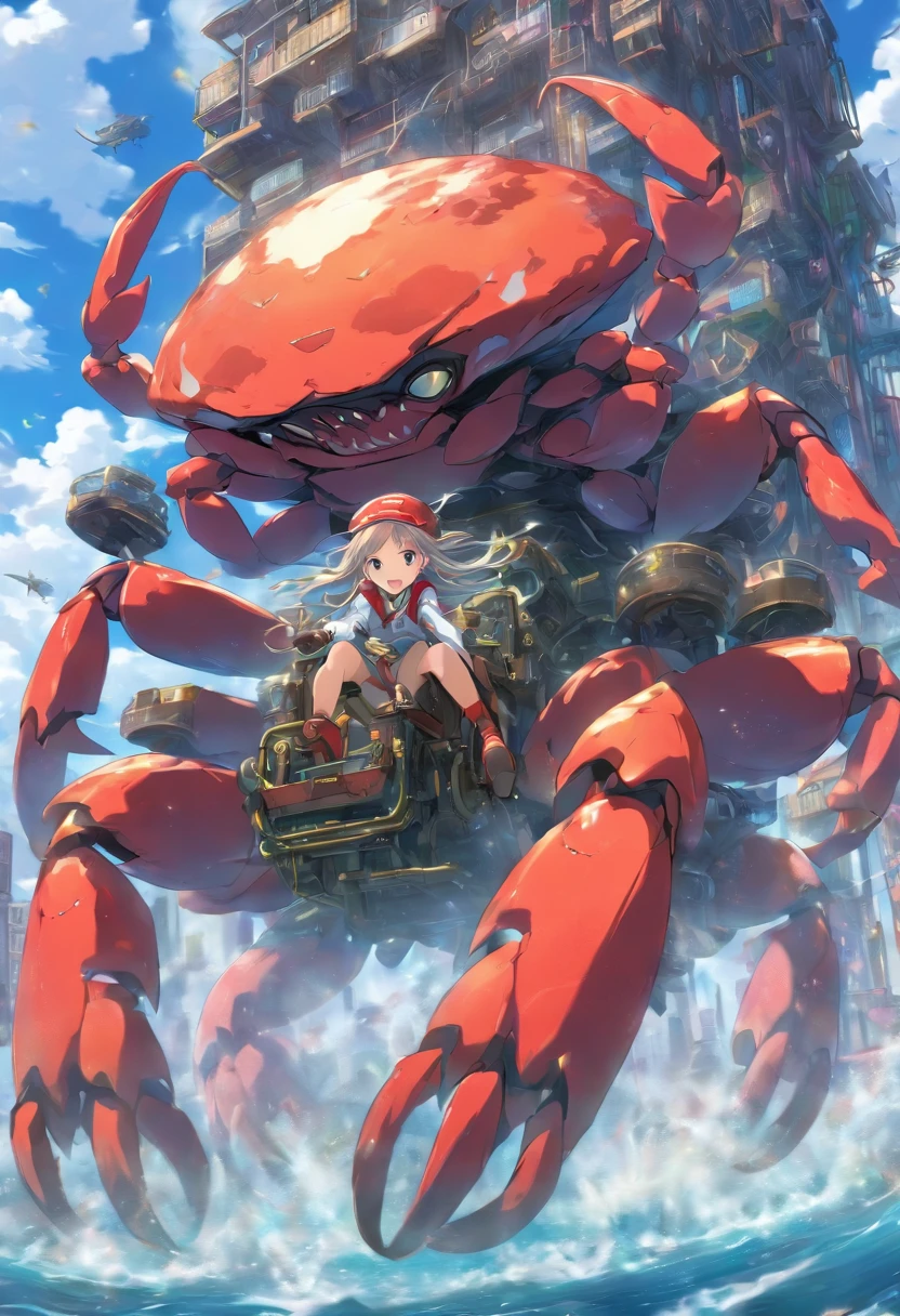 Giant Crab Machine. A girl is riding the machine and operating it. The crab machine looks like a vehicle. moving quickly.