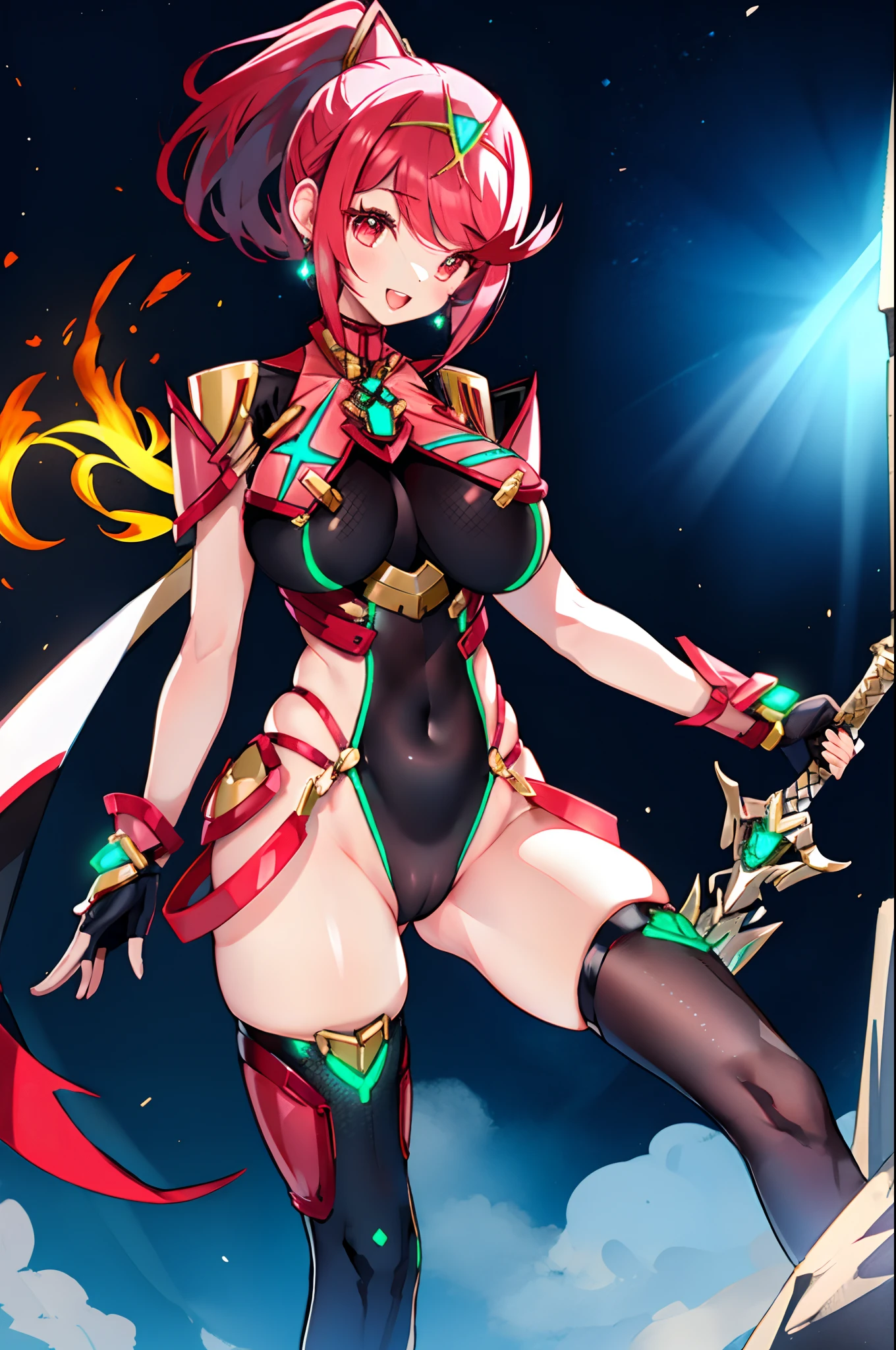 pyra \(xenoblade\), _1girl, lolings, black gloves, breasts, red eyes, light_open_mouth, earrings, eyelashes, fingerless gloves, floating hair, , gem, gloves, hair ornament, headpiece, jewelry, big_breasts, leaning back, swimsuit, neon trim, official art, pose, red hair, saitou masatsugu, short hair, sidelocks, skin tight, solo, swept bangs, thighhighs, tiara, fantasy_town_background, underbust, xenoblade chronicles \(series\), (xenoblade chronicles 2), (spread_legs:1.1), fire_effect,dynamic_pose,fighting,light_smile, (plump:1.1), big_ass,huge_sword, hold_large_sword_hilt, covered_nipples, covered_pussy,back_view, fists,ponytail,plump,beautiful_fingers,(solo:1.1), bare_shoulder,
