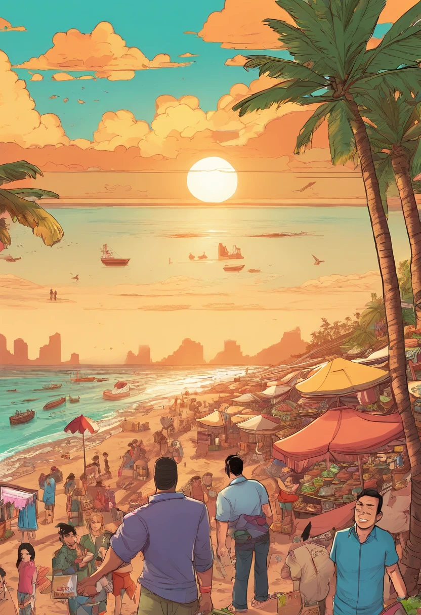 People barter at stalls on the beach, on  the  beach，Top-down view，the setting sun，Manhwa Style。