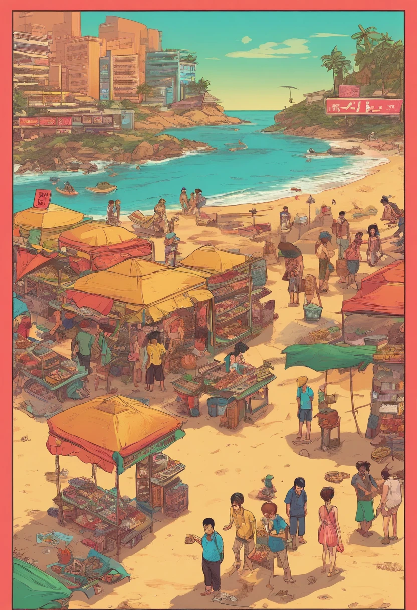 People barter at stalls on the beach, on the beach,Top-down view,the setting sun,Manhwa Style。