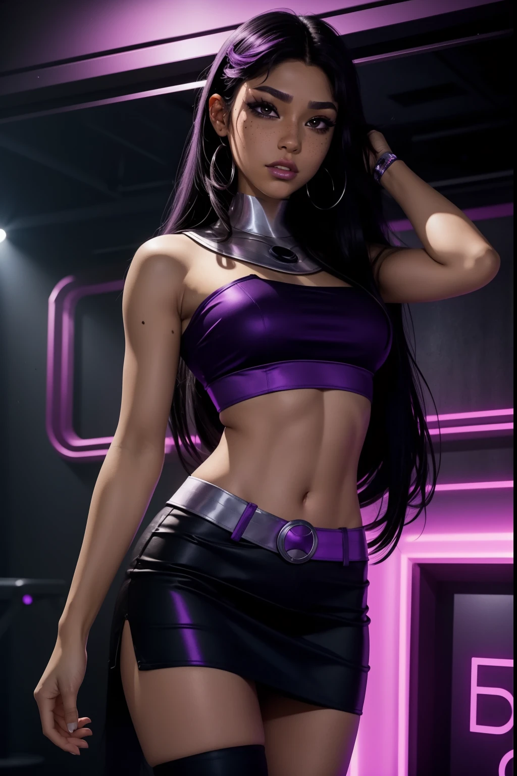 blackfire dancing in a club, long hair, purple tube top, black short miniskirt, toned body, eyeshadow, heavy makeup, upperbody focus, big lips, ager, freckles on face,