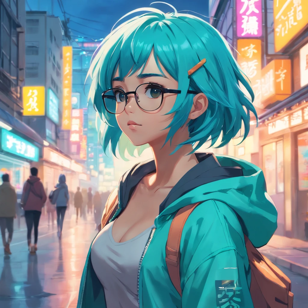 ((Best Quality)), ((Masterpiece)), ((Realistic)) and ultra-detailed photography of a 1nerdy biracial girl with shades and neon colors. She has ((turquoise hair)), wears a techwear jacket and exudes a vibe ((beautiful and aesthetic)), sexy, underboobs, hot