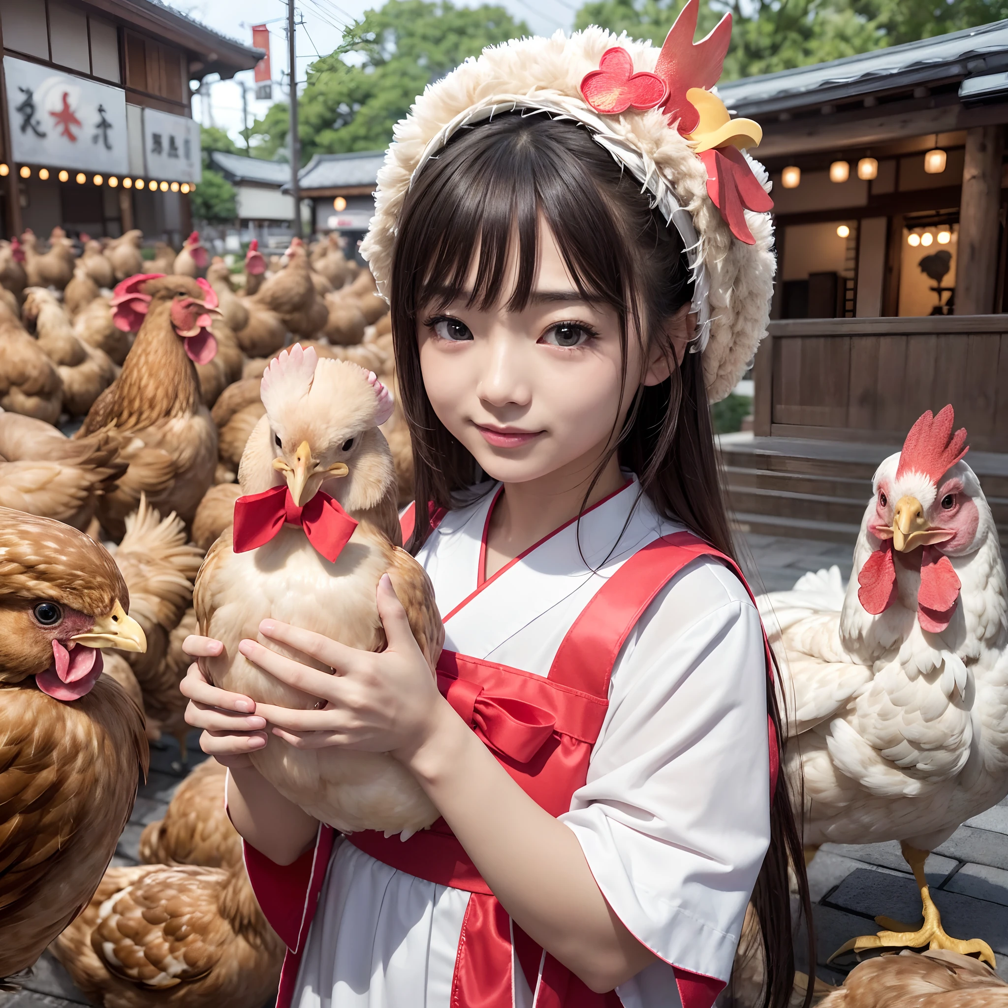 (in 8K、RAW Photos、top-quality、masterpiece:1.5)、(realisitic、Photorealsitic:1.5)、ultra-detailliert、超A high resolution、lighting like a movie、(((Idols who love chickens)))、(((Japan girls)))、(((Wearing a cute costume with a chicken motif)))、(a lot of chickens:1.5)、cute smile face、Happy and energetic atmosphere、dynamic ungle、动态照明