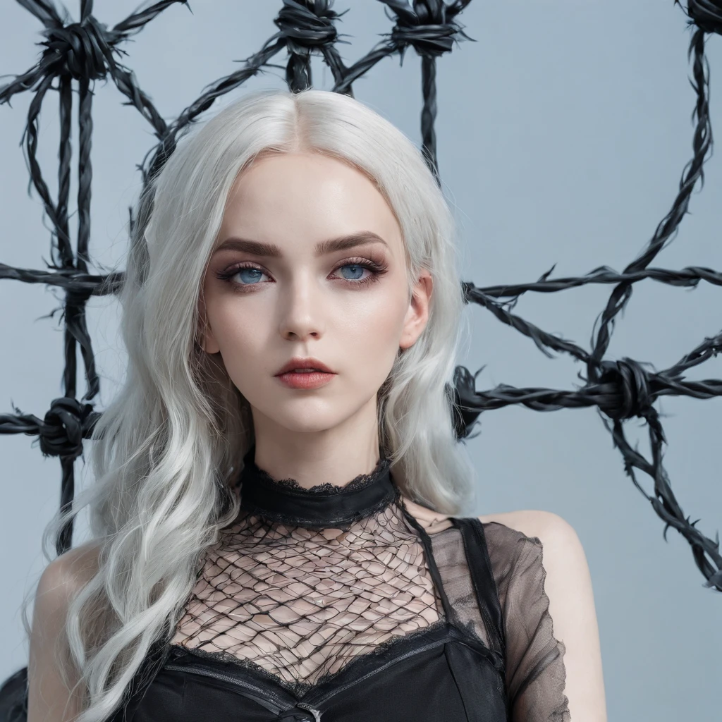 Girl with gothic net symbolic clothes, 。.com (Barbed wire of the body) blonde color hair，Gray hair ends, selfie, holding pov, blue eyes