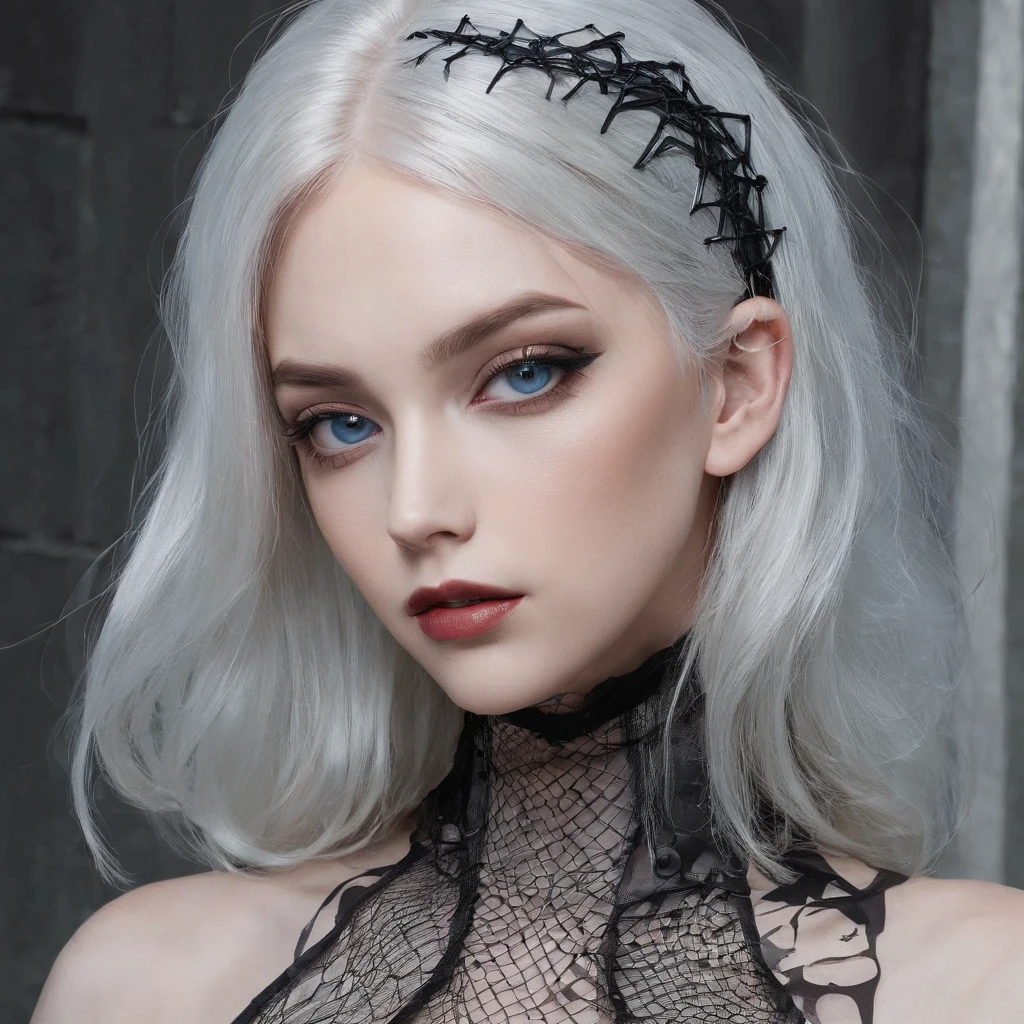 Girl with gothic net symbolic clothes, 。.com (Barbed wire of the body) blonde color hair,Gray hair ends, selfie, holding pov, blue eyes