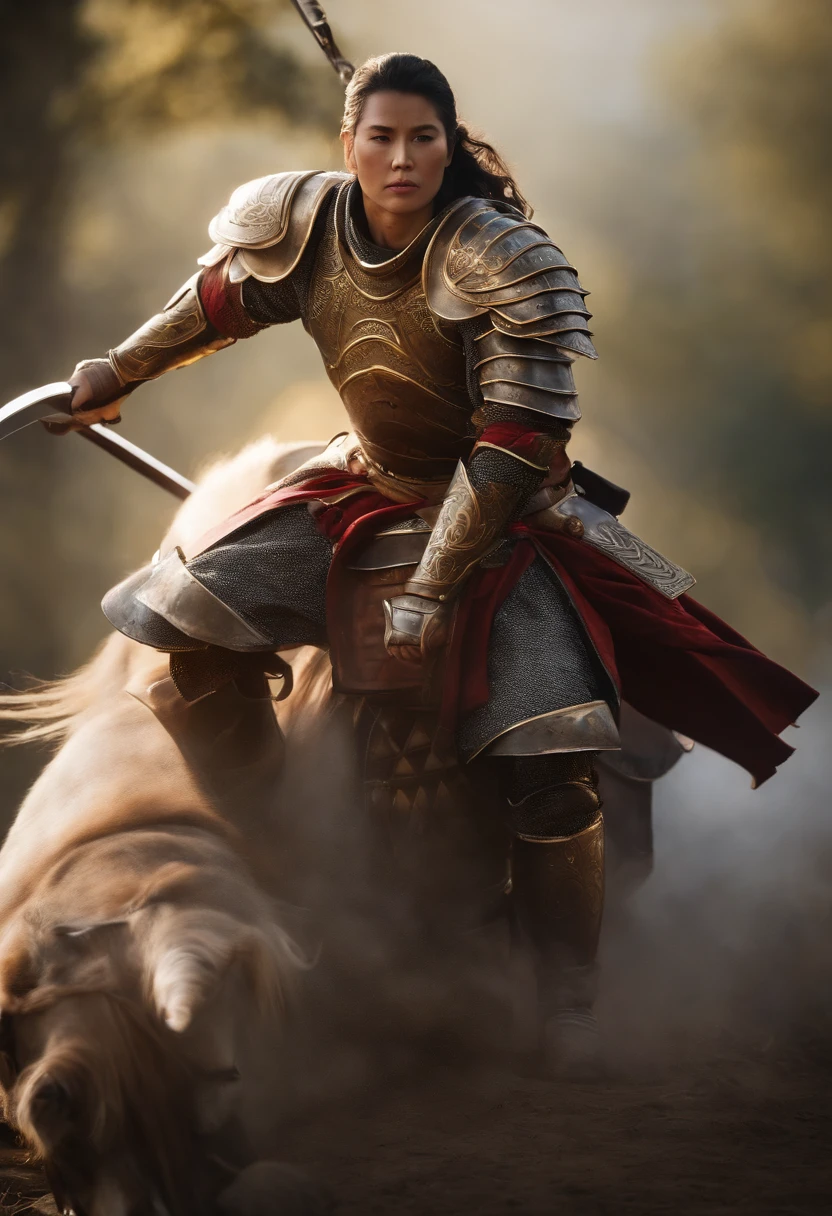 shogun,Gorgeous heavy armor wraps the whole body,Point the Knight's Sword to the sky,sportrait,closeup cleavage,Solemn,flatchest,modest,humble,Cinematic, hdr, primitive, Intricate, High quality, Gorgeous shades, Intricate details, super-fine,oc rendered