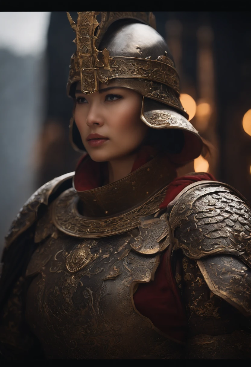 shogun，Gorgeous heavy armor wraps the whole body，Point the Knight's Sword to the sky，sportrait，closeup cleavage，Solemn，flatchest，modest，humble，Cinematic, hdr, primitive, Intricate, High quality, Gorgeous shades, Intricate details, super-fine，oc rendered
