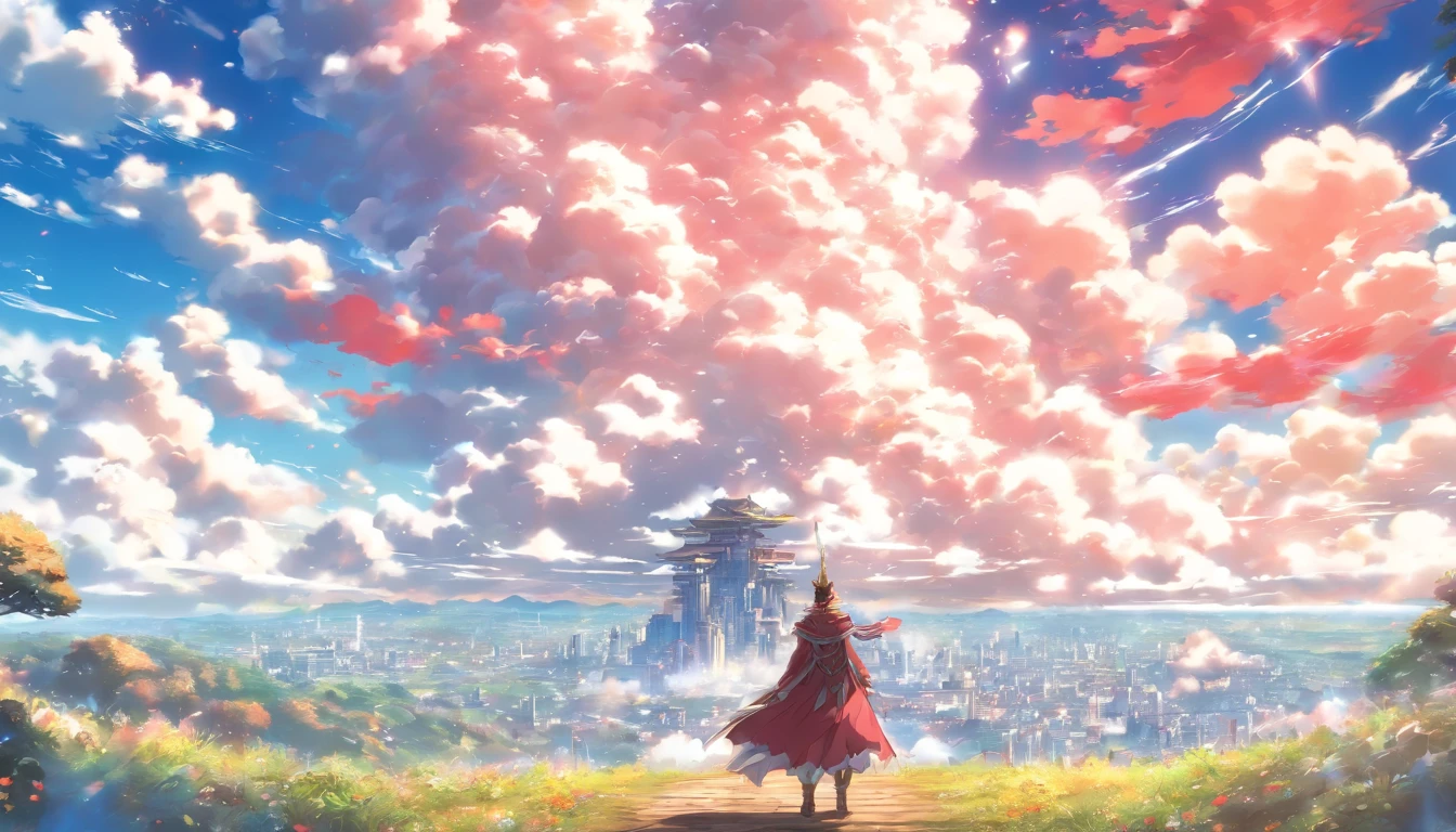 Um guerreiro, corpo inteiro, Back view, paisagem de fantasia, sky white clouds, alguns pinheiros, arte conceitual 4K detalhada, 8k