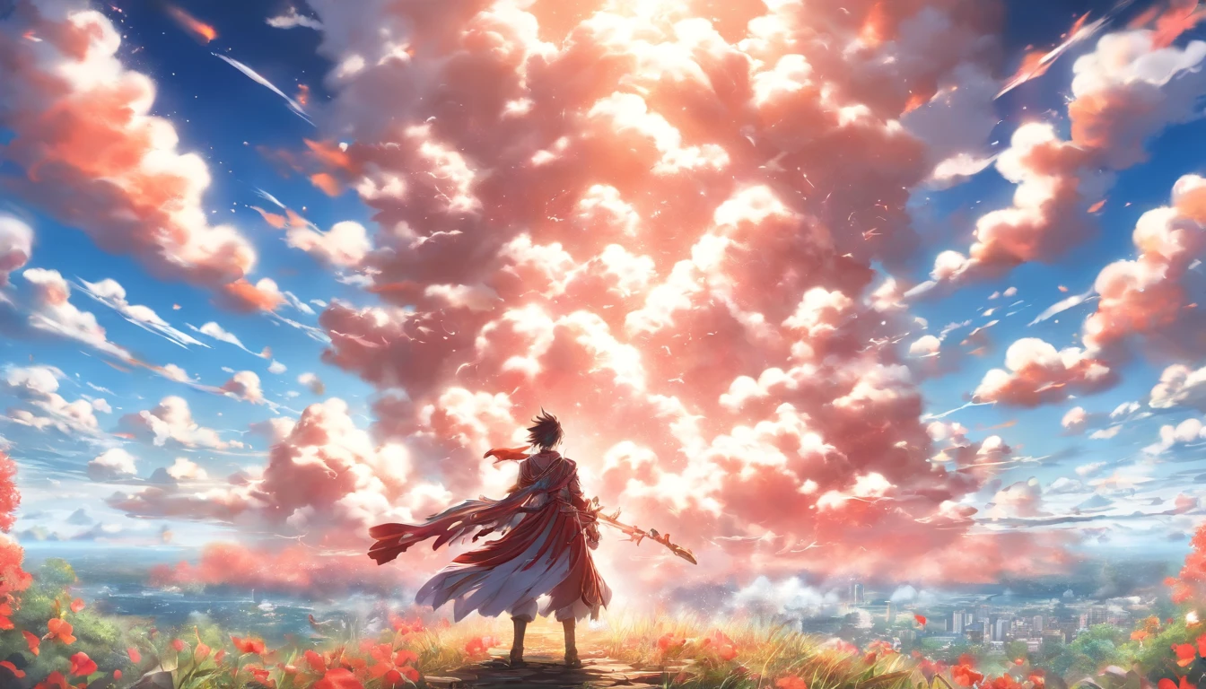 Um guerreiro, corpo inteiro, Back view, paisagem de fantasia, sky white clouds, alguns pinheiros, arte conceitual 4K detalhada, 8k