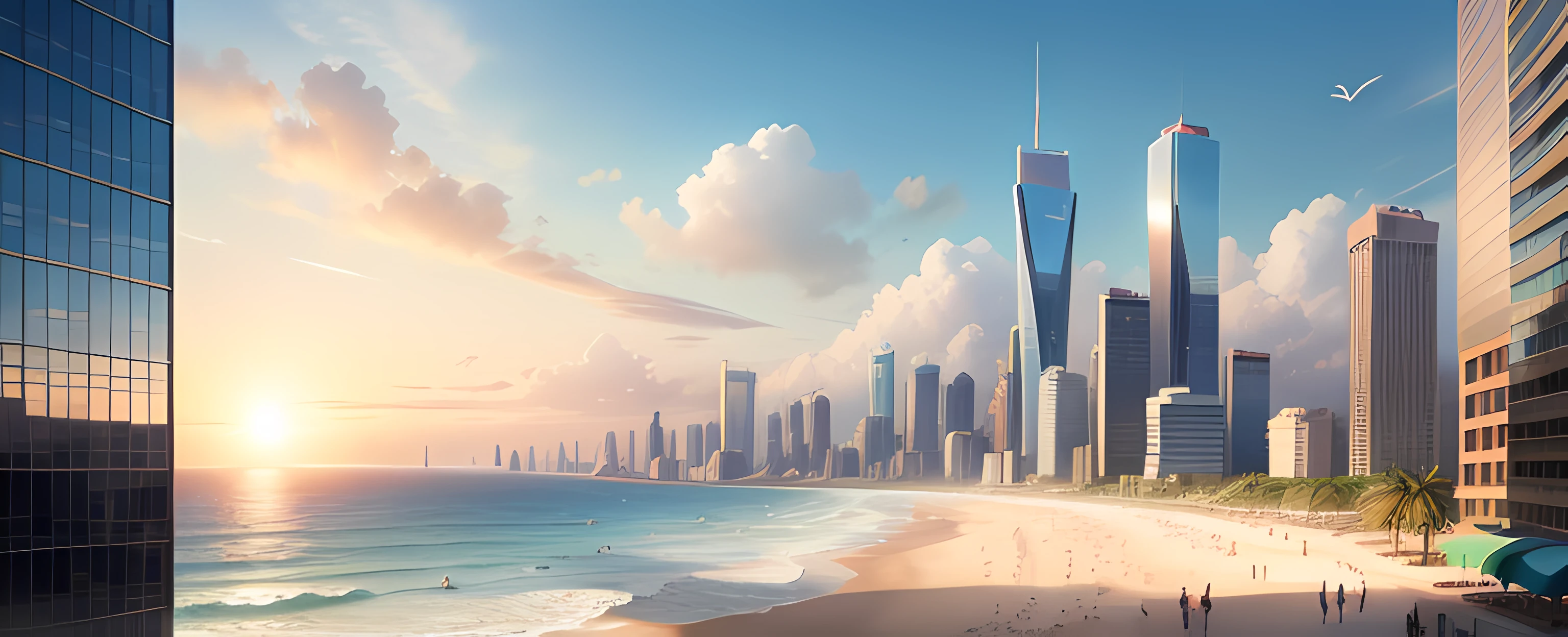 Scenery , Skyscrapers ,City,  Beach , Summer , Umbrella , Sky , Day, , Sun , Breeze