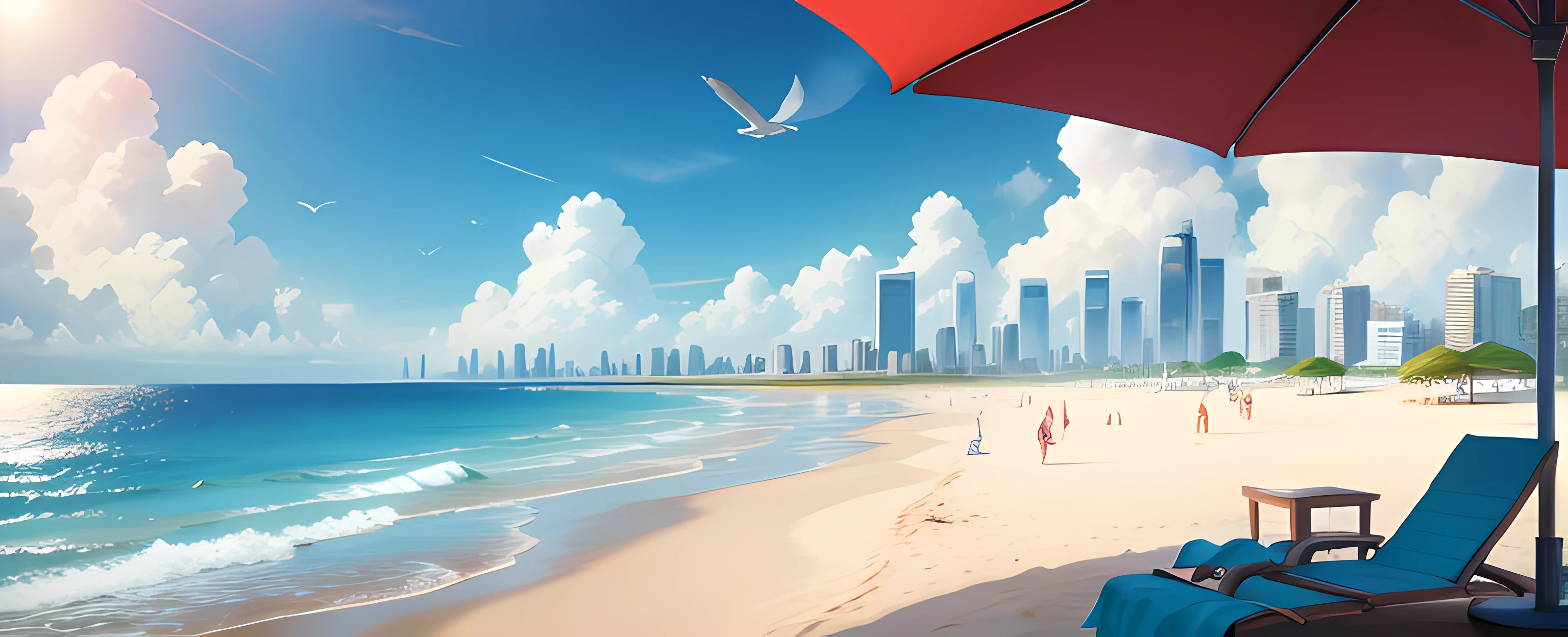 Scenery , Skyscrapers ,City,  Beach , Summer , Umbrella , Sky , Day, , Sun , Breeze