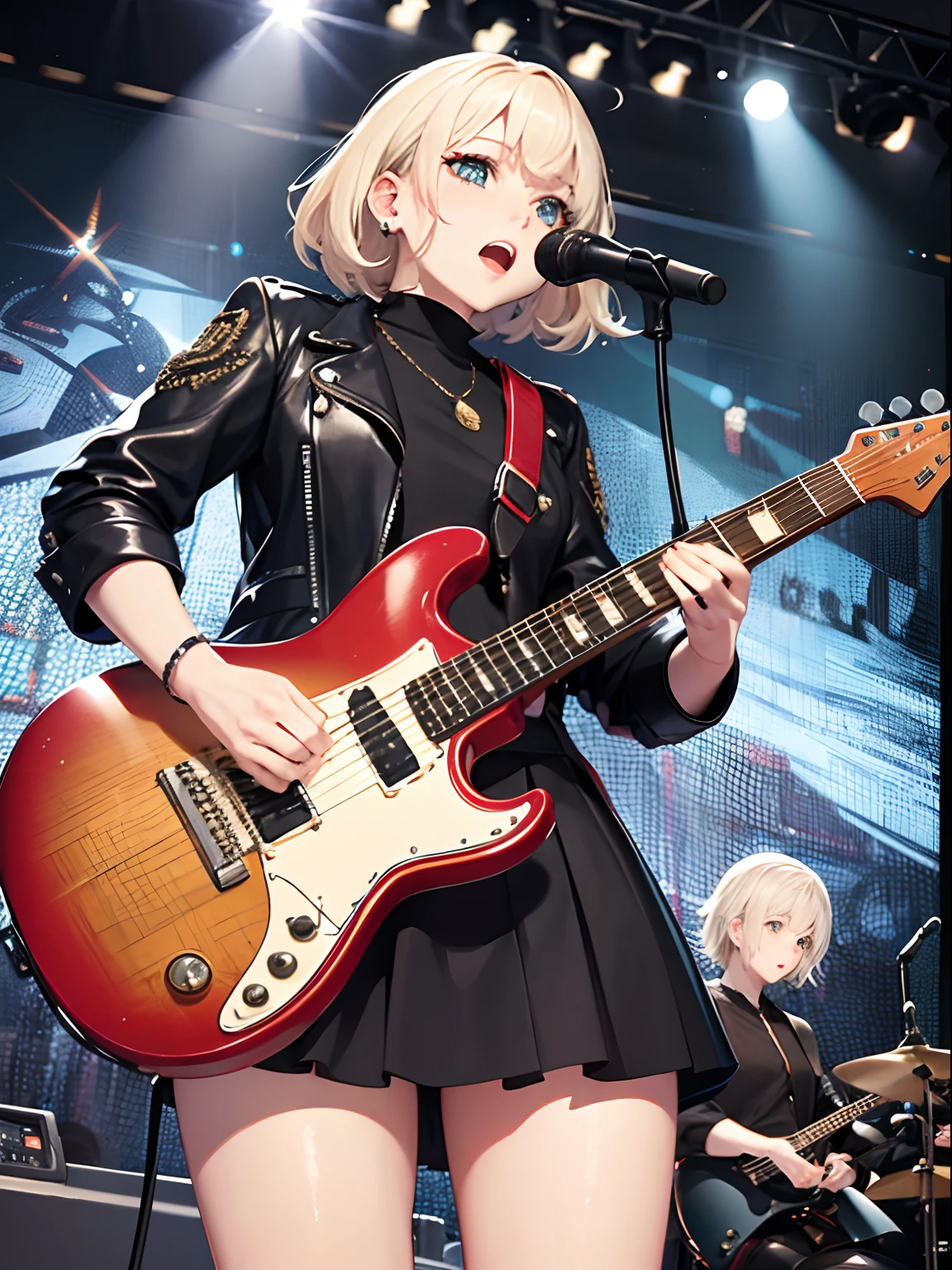 masterpiece、top-quality、hight resolution、High-quality images、8K、2 Otome、detaileds、Detailed eye depiction、skin gloss、shinny hair、Two girls、Long black hair and platinum blonde short hair、Soft hair、Nomiya、portlate、rock band、Superstar、spot light、Vocal&guitarrist、Black Leather Stage Costume、concert、hot air