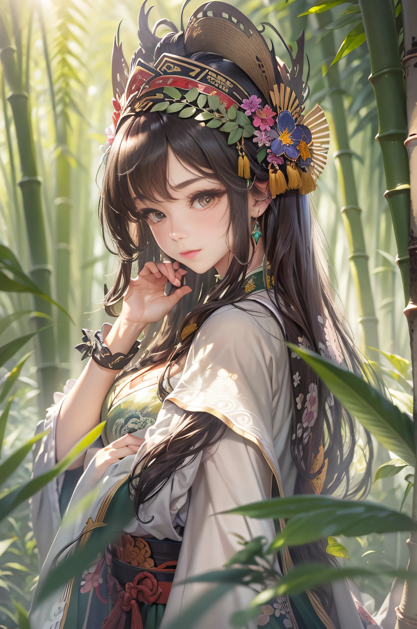 warmly lit，Smooth skin，Super light and shadow，tmasterpiece，In the sea of bamboo，Gentle eyes，（Sunshine 1.2）The sun shines on the face through the bamboo forest，closeup cleavage，Green background，Brunette long haired girl in Chinese costume，There are delicate headdresses，