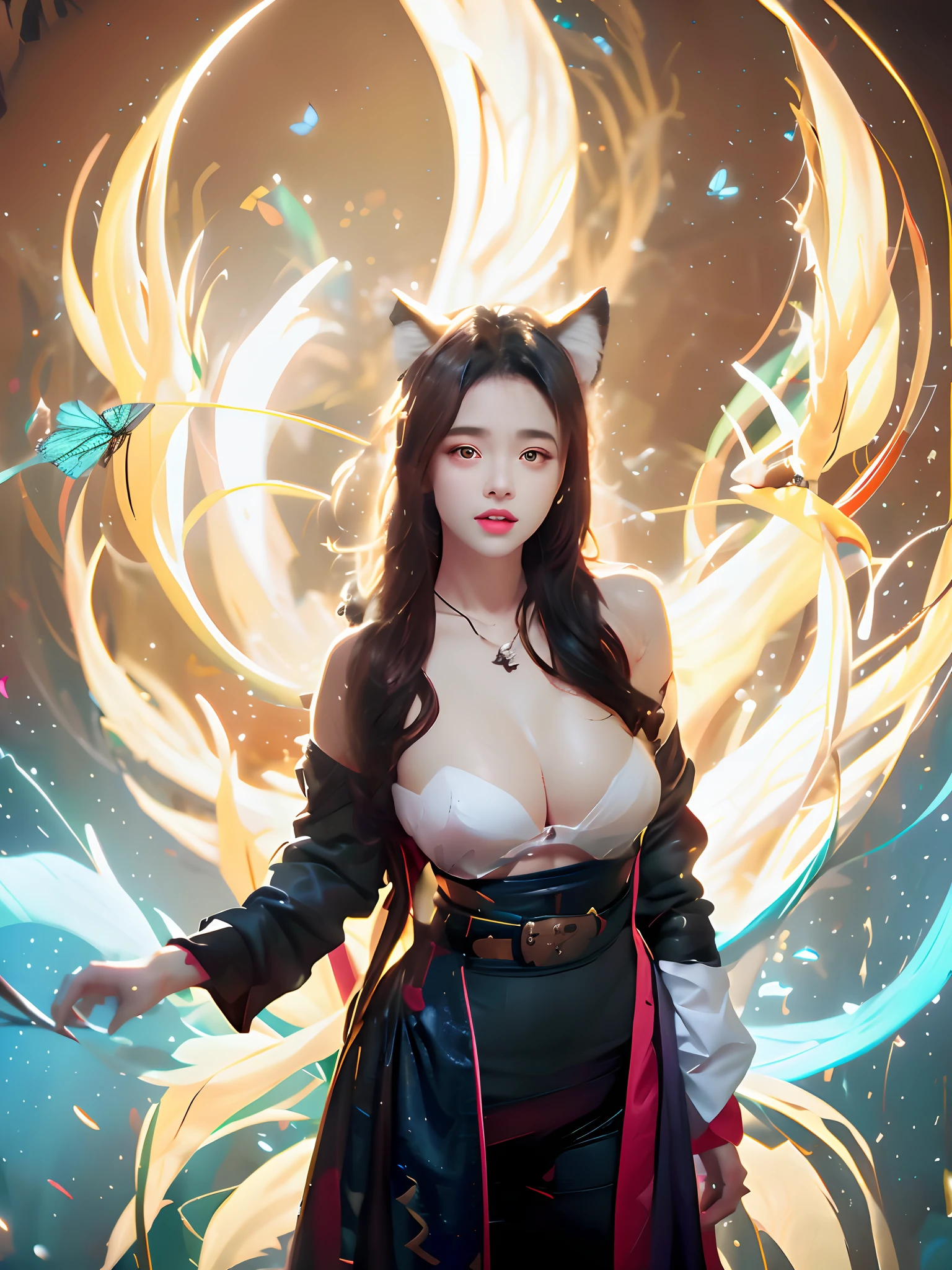 There is a woman in a costume with cat ears and a cat's tail, ahri, by Yang J, trending on cgstation, portrait of ahri, ahri from league of legend, Ruan Jia and Artgerm, Artgerm and Ruan Jia, Guviz-style artwork, Guviz, full-body xianxia