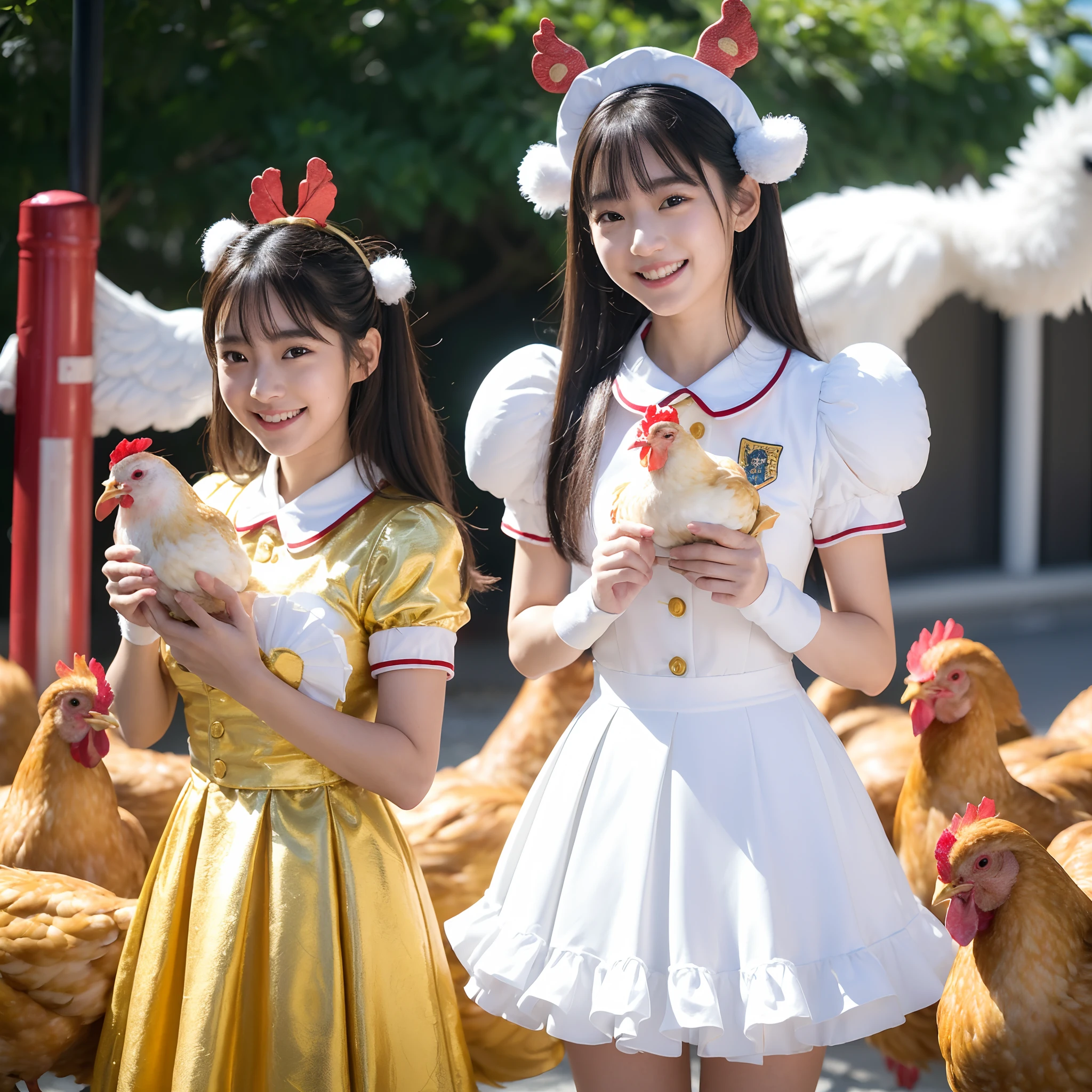 (in 8K、RAW Photos、top-quality、​masterpiece:1.5)、(realisitic、Photorealsitic:1.5)、ultra-detailliert、超A high resolution、lighting like a movie、(((Idols who love chickens)))、(((Japan 16 year old girls)))、(((Wearing a cute costume with a chicken motif)))、(a lot of chickens:1.5)、cute smile face、Happy and energetic atmosphere、dynamic ungle、动态照明