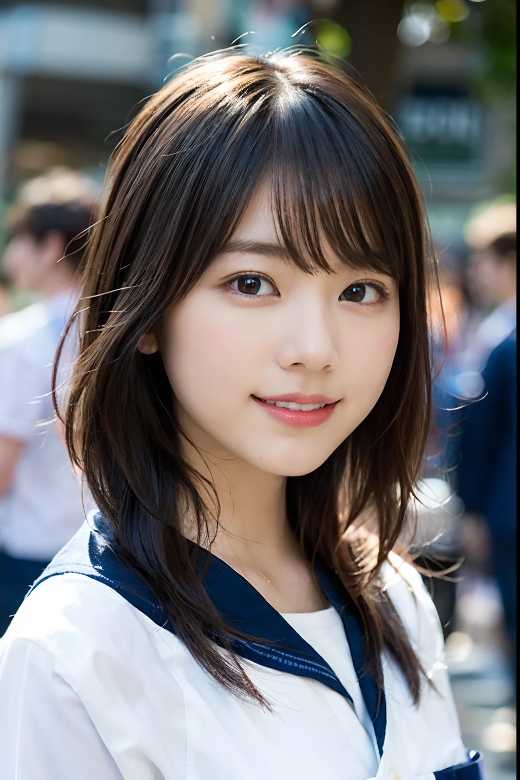 (8K、Raw photography、top-quality、masterpiece:1.2)、(realisitic、Photorealsitic:1.37)、ultra-detailliert、超A high resolution、1人、see the beholder、beautifull detailed face、A smile、Constriction、(Slim waist) :1.3)、Beautiful detailed skin、Skin Texture、Floating hair、Professional Lighting、Whole human body、Longhaire、A dark-haired、japanese hight school uniform、hi-school girl、a sailor suit、Bob Hair、University、Happy smile, (hyper pretty face:1.5), Nogizaka46、AKB48、