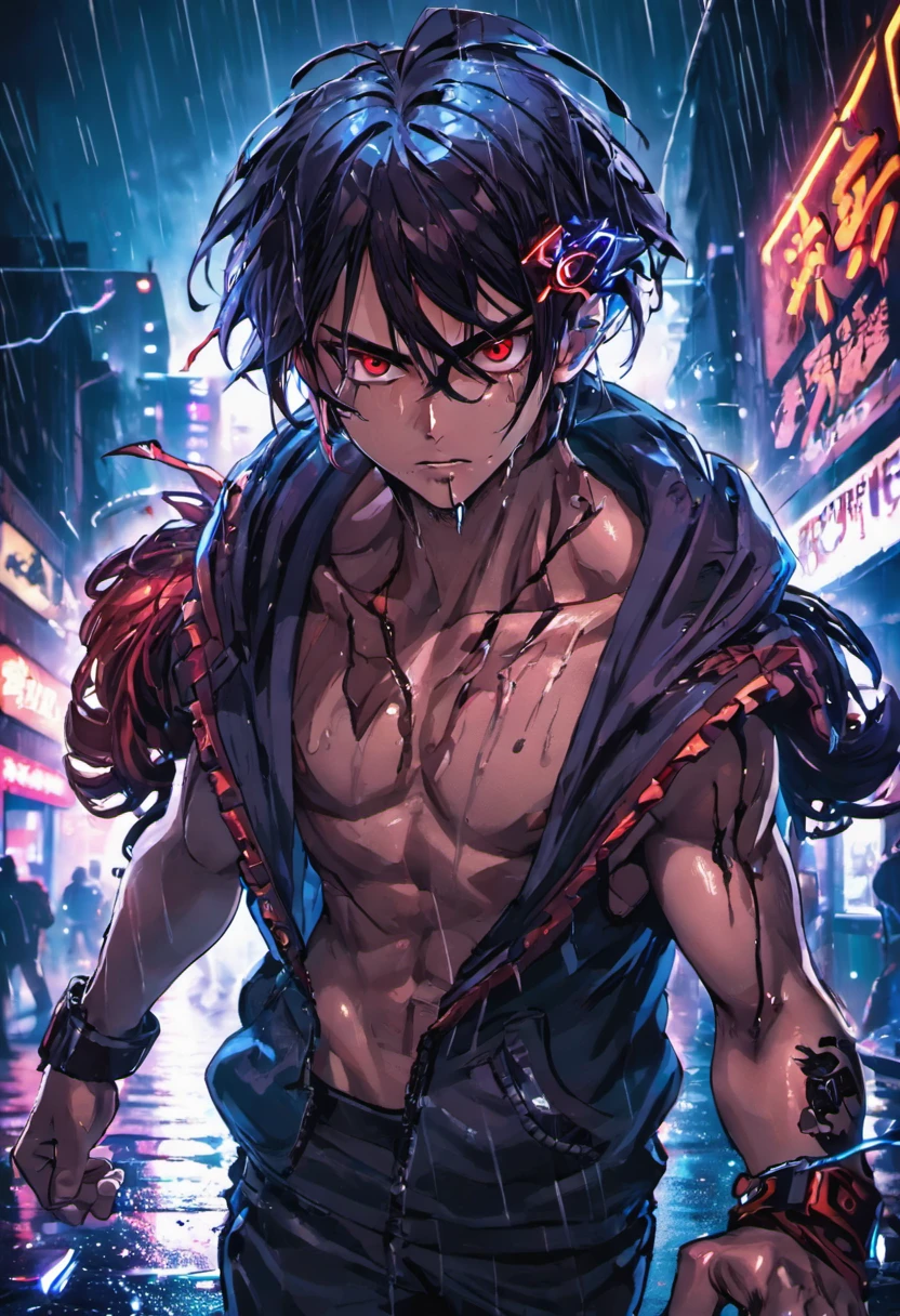 fotografia de close-up, jovem homem cyberpunk confiante com cabelos pretos e brancos, usando um capuz com desenhos vermelhos e azuis, on a rain-soaked street at night, fotorrealista, Cinematic lighting