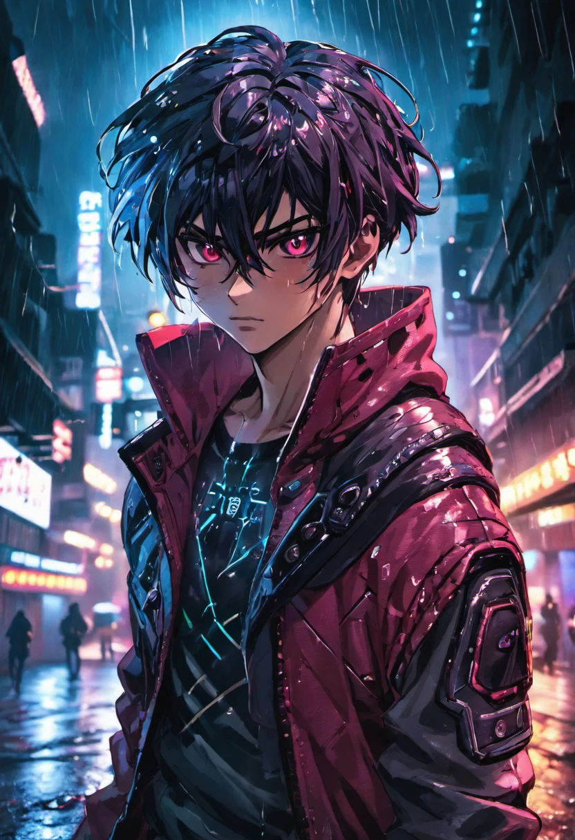 fotografia de close-up, jovem homem cyberpunk confiante com cabelos pretos e brancos, usando um capuz com desenhos vermelhos e azuis, on a rain-soaked street at night, fotorrealista, Cinematic lighting