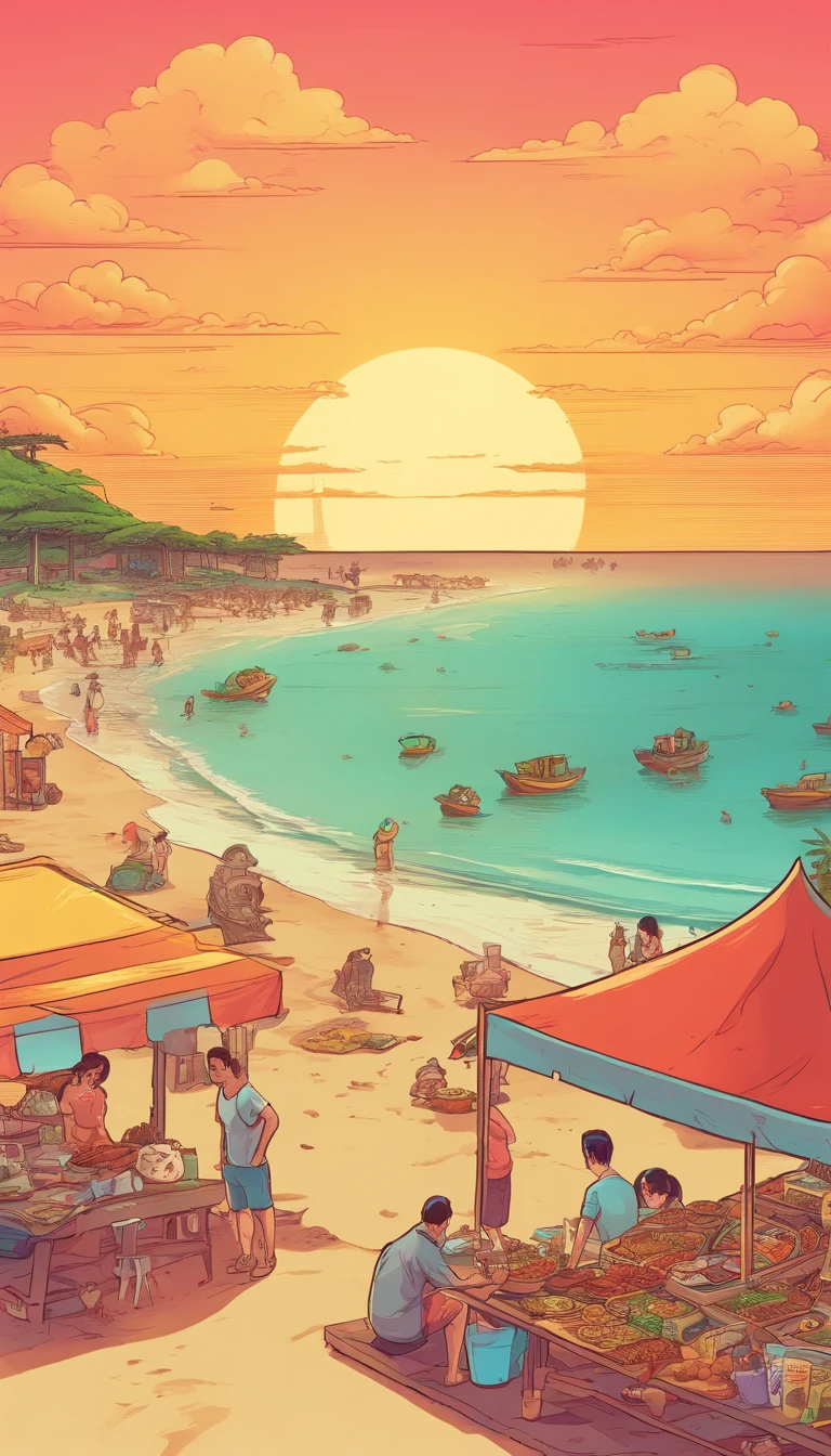 People barter at stalls on the beach, on  the  beach，Top-down view，the setting sun，Manhwa Style。