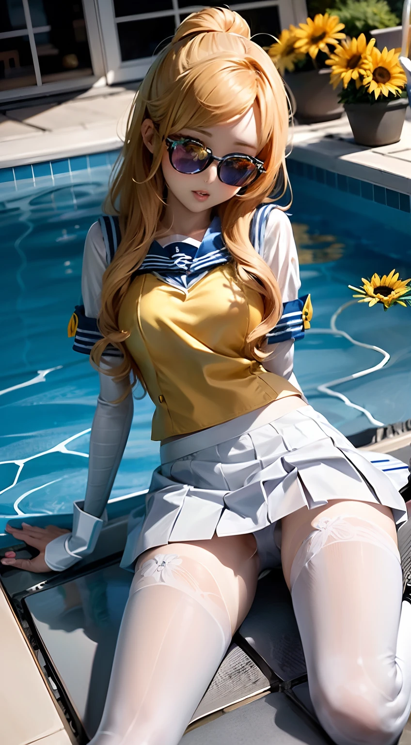 Anime - style image of woman in sailor suit sitting by the pool, sailorvenus、sunflowers in the background、 Beautiful, anime goddess, Very detailed ArtGerm, highly detailed exquisite fanart,Super Mini Orange Skirt、White panty、 portrait knights of zodiac girl, Open legs、full open legs、golden aura, Seductive Anime Girl, Anime girl cosplay, Anime Barbie in white stockings, by Sailor Moon, ! Dream ArtGerm, marin kitagawa fanart