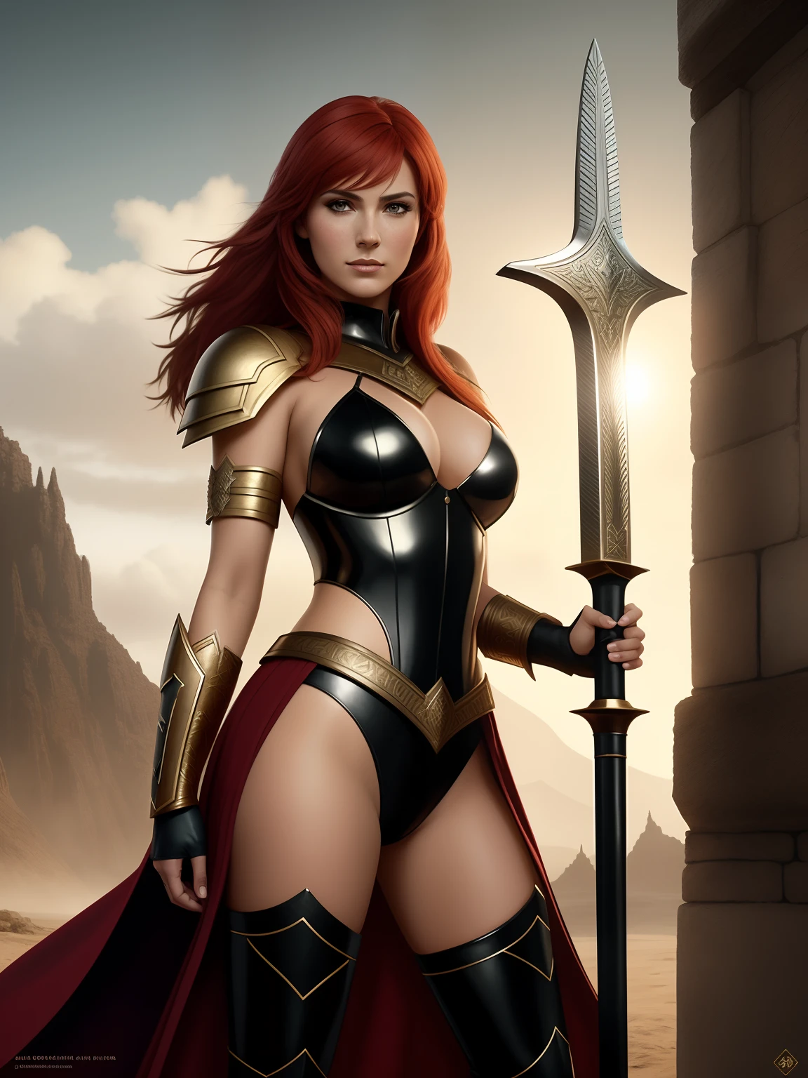 Red Sonja,female character inspired by the creation of Robert Ervin Howard, guerreira Hirkaniana,longos cabelos ondulados,ruivos,olhos selvagens,corpo voluptuoso e atletico,usando uma cota de malha da cor prata combrindo seus seios,tanga curta feita de pele animal,botas de couro bordado envelhecido,suando,standing, totally exuberant and haughty, holding in his left hand a Hirkanian steel sword, preparing for battle;,wild expression.detalhes precisos, rosto detalhado, fantasia, dramatic, intrincado, elegante, altamente detalhado, pintura digital, arts station, arte conceitual, suave, foco nítido, illustration, arte de gustave dore, octane rendering, 4k