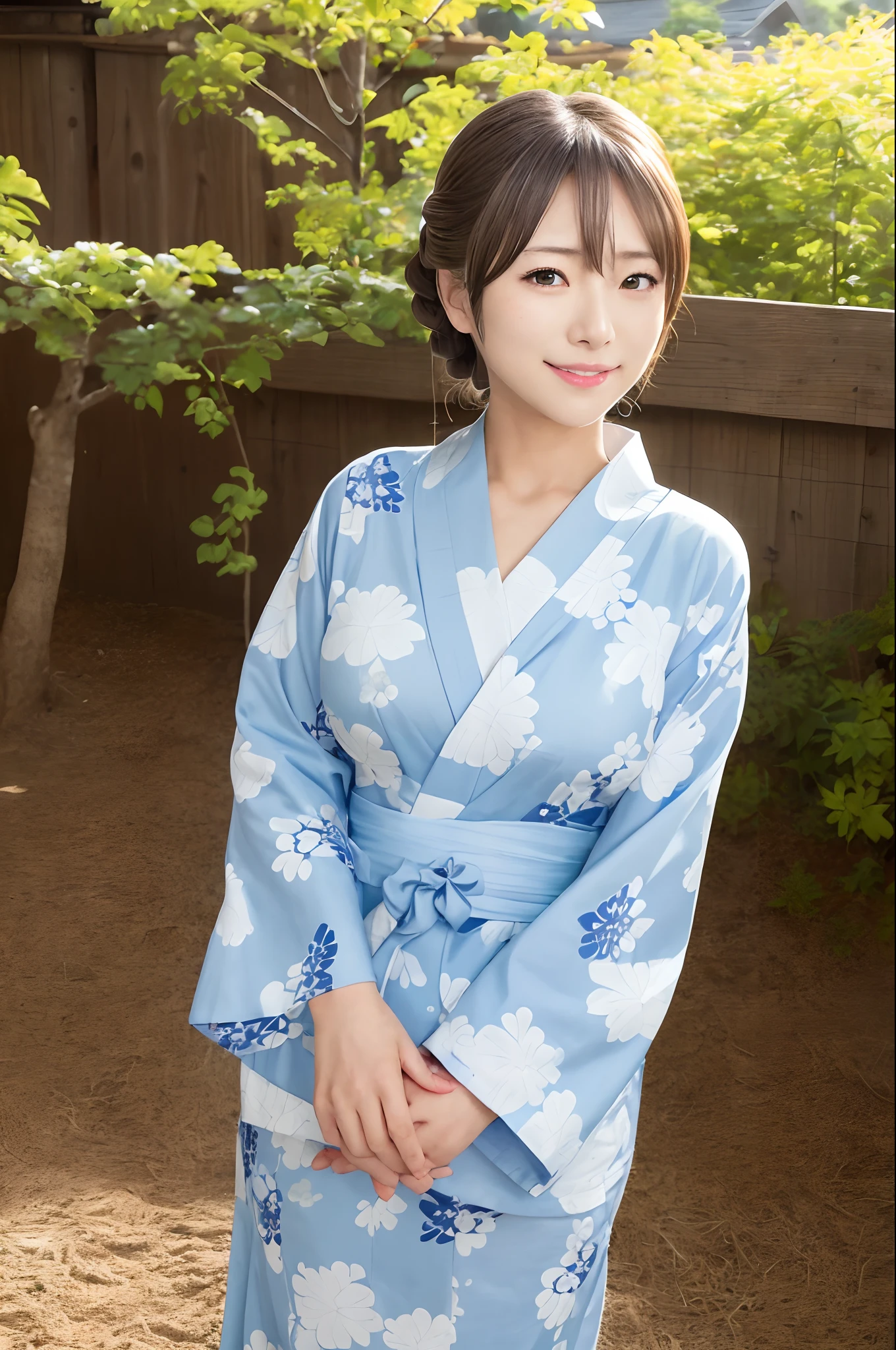 (masutepiece, Best Quality:1.2), Cowboy Shot, Solo, 1girl in, Kaori Sakuramori, Smile, Looking at Viewer, hand on own face, braid, Ahoge, yukata,