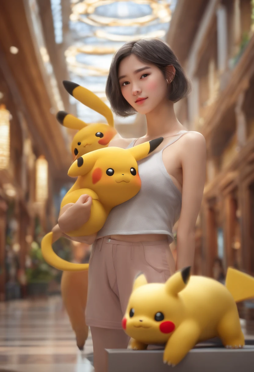 Mawile pokemon pet, pokemon trainer, Lugia in background, Pikachu on side, arafed woman with a no shirt, no clothe at all, half body shot, in a mall, a photorealistic painting inspired by Yanjun Cheng, trending on cg society, realism, soft portrait shot 8 k, girl cute-fine-face, with short hair, portrait cute-fine-face, kawaii realistic portrait, 8k portrait render, young cute wan asian face, realistic. cheng yi