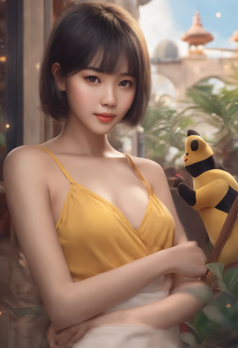 Mawile pokemon pet, pokemon trainer, Lugia in background, Pikachu on side, arafed woman with a no shirt, no clothe at all, half body shot, in a mall, a photorealistic painting inspired by Yanjun Cheng, trending on cg society, realism, soft portrait shot 8 k, girl cute-fine-face, with short hair, portrait cute-fine-face, kawaii realistic portrait, 8k portrait render, young cute wan asian face, realistic. cheng yi