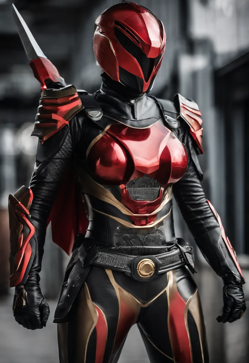 1 female. Kamen rider. Dragon styled kamen rider. Red and black female kamen rider suit with cleavage. Dragon styled full face kamen rider helmet. No face exposed. No hair exposed. Kamen rider belt. Standing pose. Red light background.