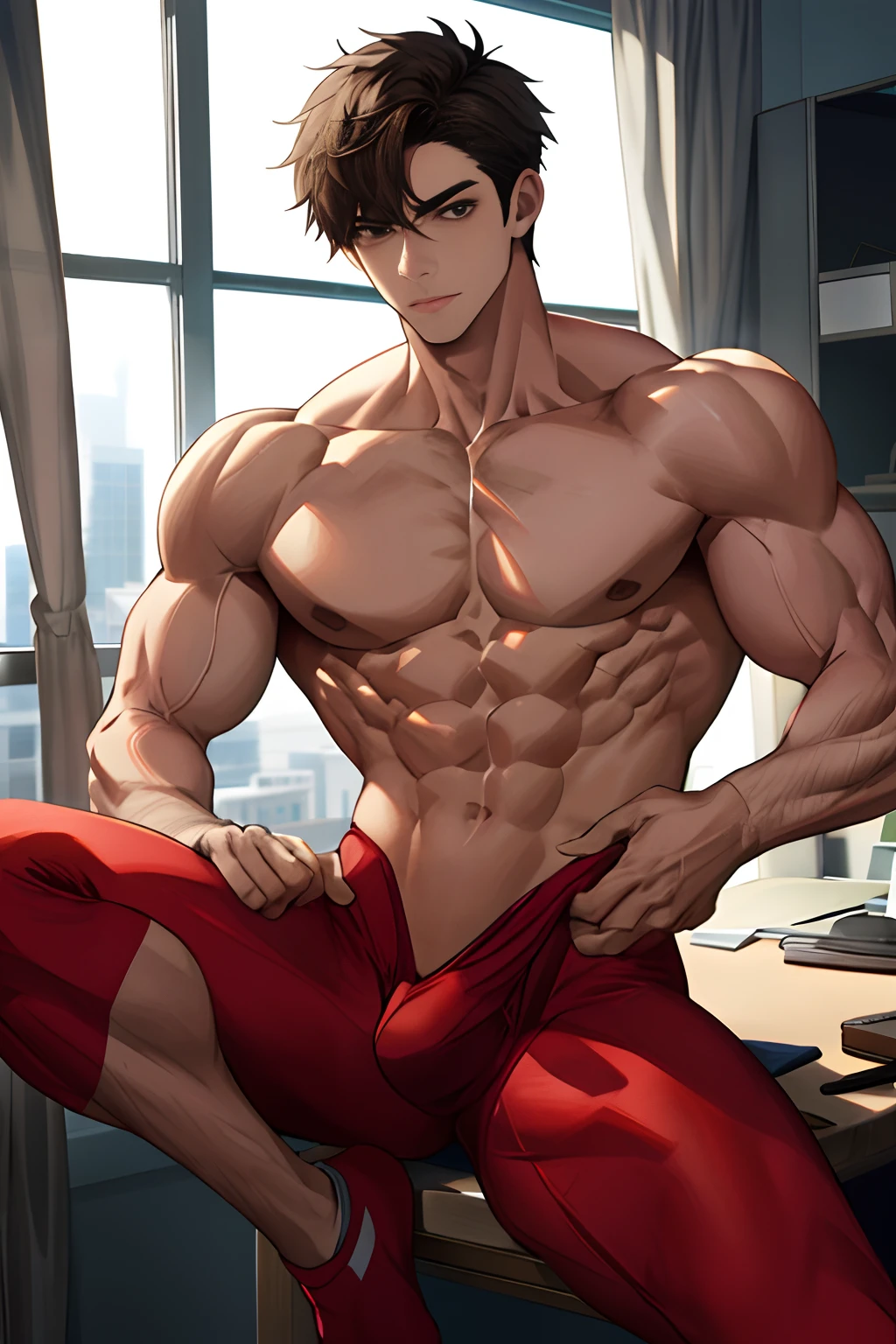 1boys,AS-Adult,Intimate bodysuit,Bare chest,Muscular,Muscle men,Tong,cool guy,Front lens,legs are open,Hold the bulge tightly with both hands,best qualtiy,Sexual suggestiveness,detail in face,massive bulge,office room,The building outside the window,Background of details,Diffused sunlight,depth of fields,Background bokeh,