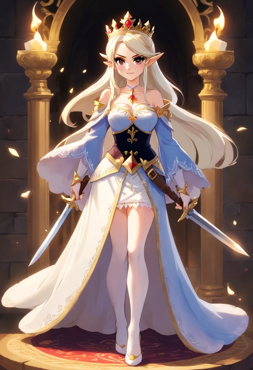 Evil Queen,diadems,red - eyed,fang,White stockings,white long gloves,Stand up,combats,battlefiled,handheld dagger,Manteau blanc,short skirt,Full body like,conservativelydressed,Long white slippers,unholy,Stand up,Armed with a long knife,In a huff,big breasts beautiful,whaite hair,short detailed hair