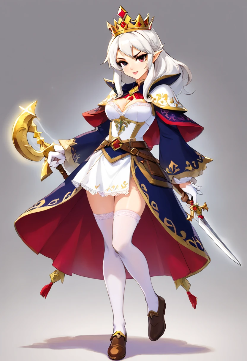 Evil Queen,diadems,red - eyed,fang,White stockings,white long gloves,Stand up,combats,battlefiled,handheld dagger,Manteau blanc,short skirt,Full body like,conservativelydressed,Long white slippers,unholy,Stand up,Armed with a long knife,In a huff,big breasts beautiful,whaite hair,short detailed hair