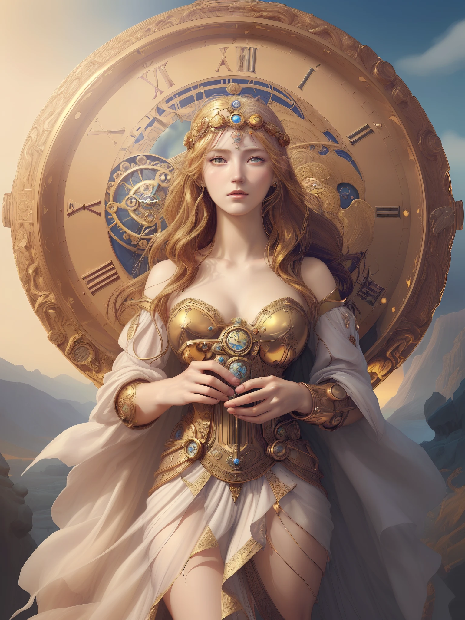 arafed woman in a dress with a clock in her hand, digital art by Johfra Bosschart, cgsociety contest winner, fantasy art, goddess of time, portrait of a beautiful goddess, a stunning portrait of a goddess, a steampunk beautiful goddess, goddess of greek mythology, greek goddess athena, gorgeous goddess of leo, golden goddess athena, beautiful goddess