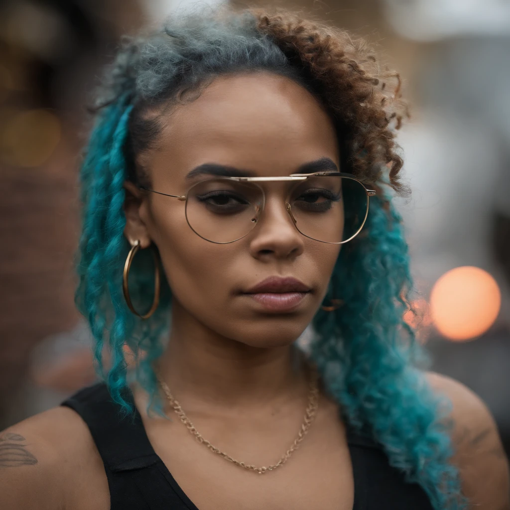 ((Best Quality)), ((Masterpiece)), ((Realistic)) and ultra-detailed photography of a 1nerdy biracial african girlgirl with goth and neon colors. She has ((turquoise hair)), wears a techwear jacket and exudes a vibe ((beautiful and aesthetic)), sexy, underboobs, hot 8k photo realistic