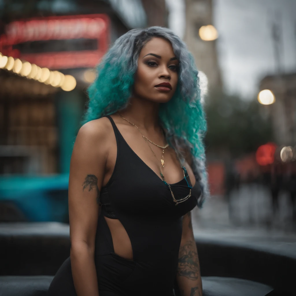 ((Best Quality)), ((Masterpiece)), ((Realistic)) and ultra-detailed photography of a 1nerdy biracial african girlgirl with goth and neon colors. She has ((turquoise hair)), wears a techwear jacket and exudes a vibe ((beautiful and aesthetic)), sexy, underboobs, hot 8k photo realistic