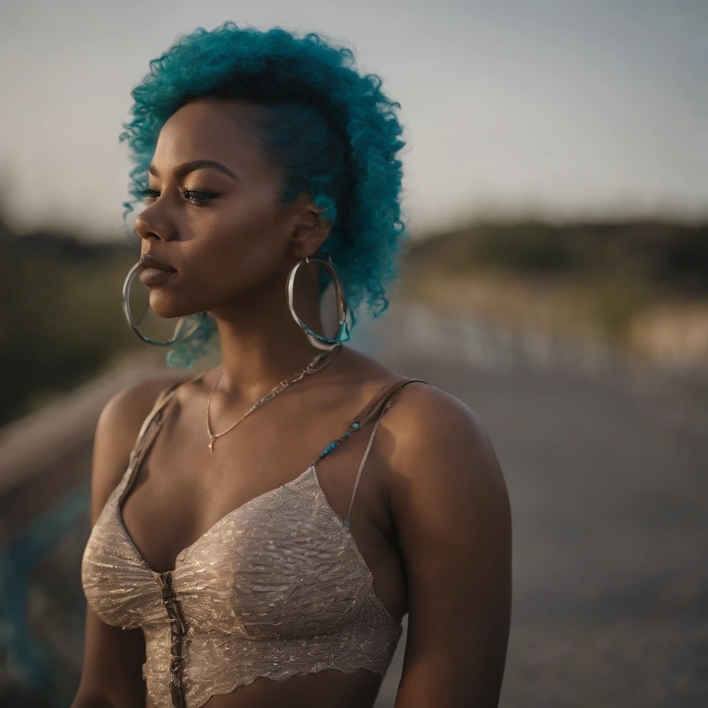 ((Best Quality)), ((Masterpiece)), ((Realistic)) and ultra-detailed photography of a 1nerdy biracial african girlgirl with goth and neon colors. She has ((turquoise hair)), wears a techwear jacket and exudes a vibe ((beautiful and aesthetic)), sexy, underboobs, hot 8k photo realistic