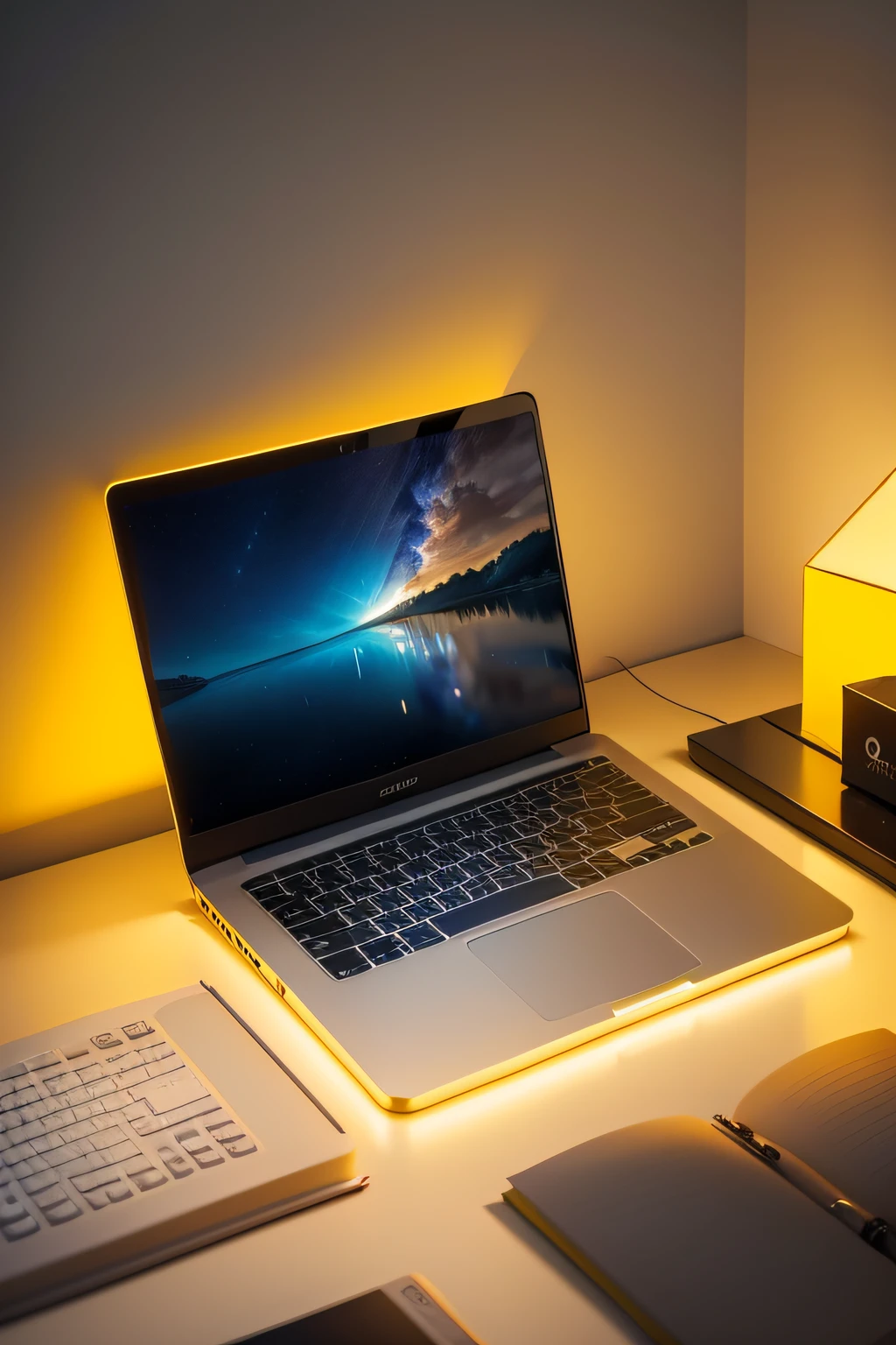 joven de amarelo com um notebook lindo , em uma casa bem iluminada, conectado com amigos foto 4k ultra realista full hd
